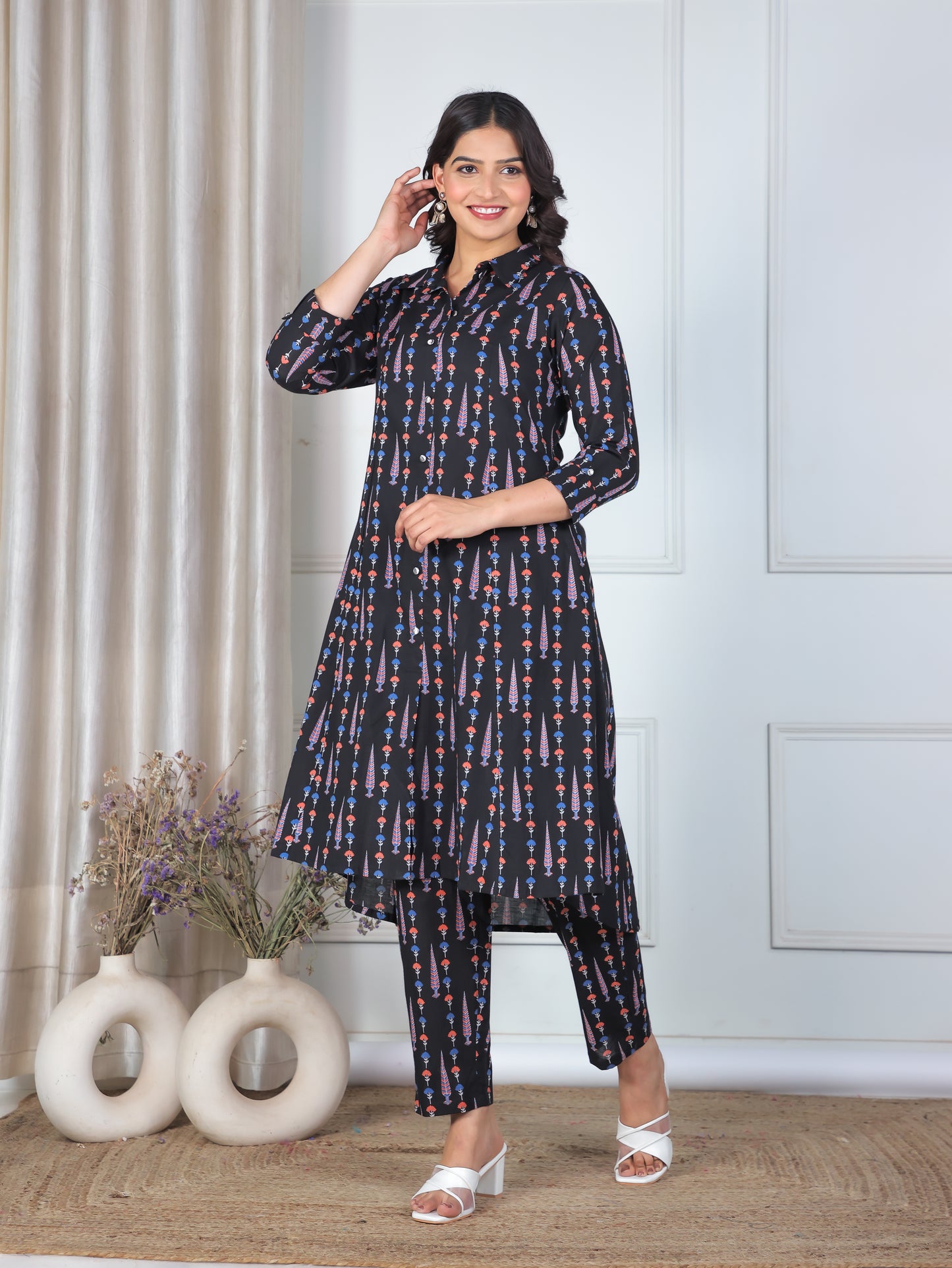 Soft Cotton Butti High Low Black Kurta