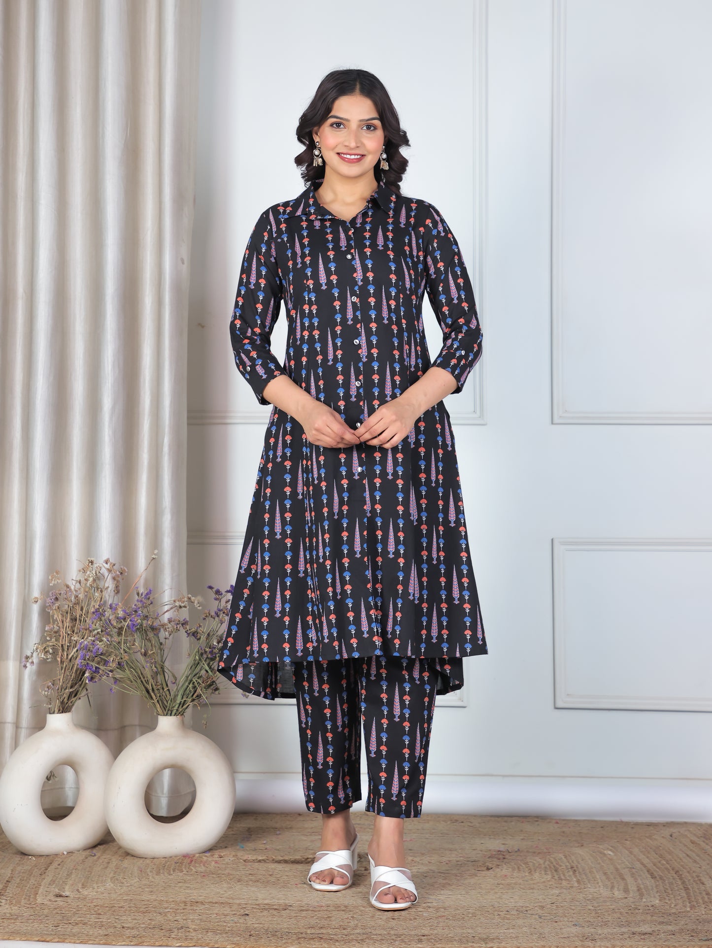Soft Cotton Butti High Low Black Kurta