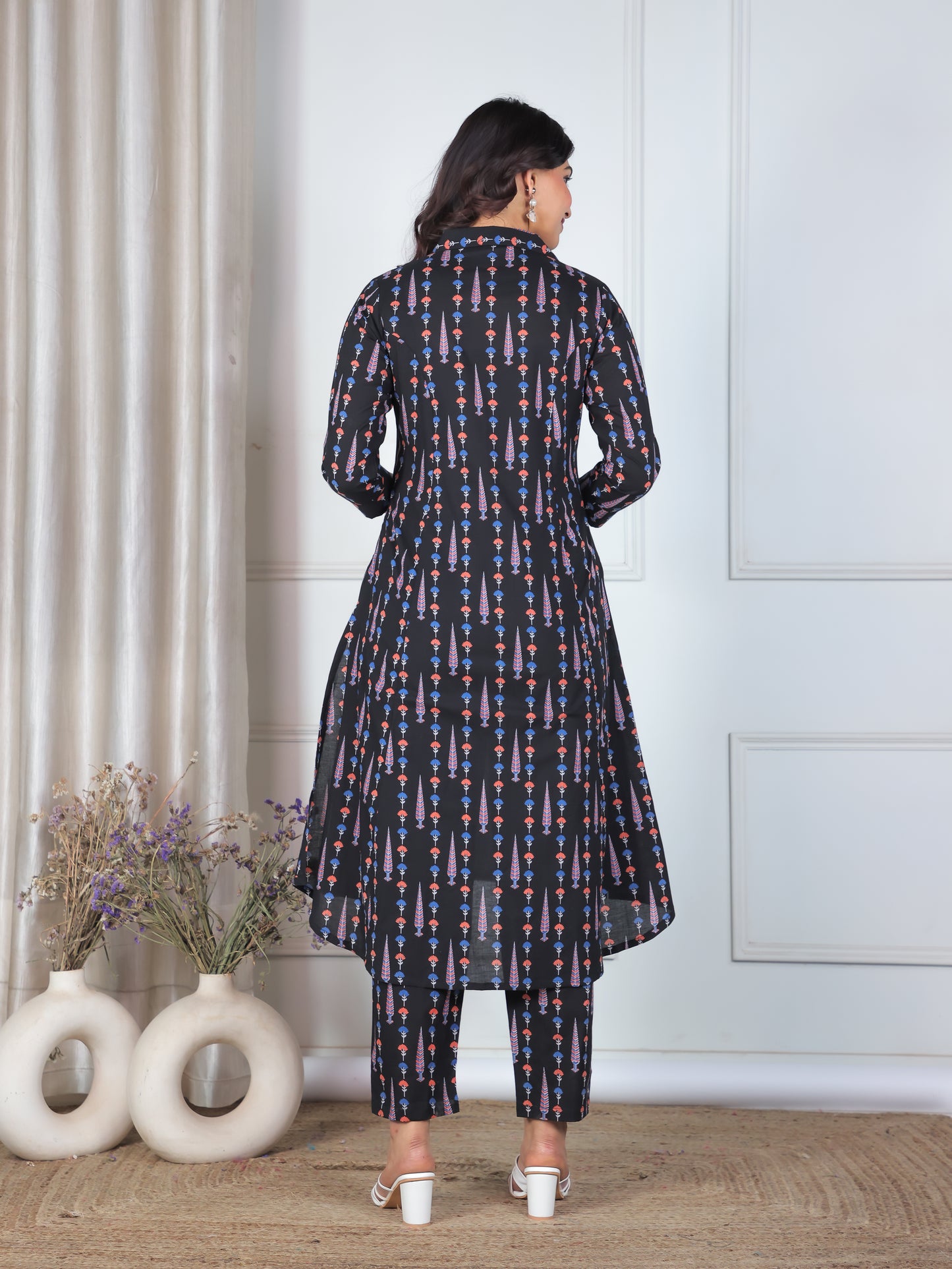 Soft Cotton Butti High Low Black Kurta