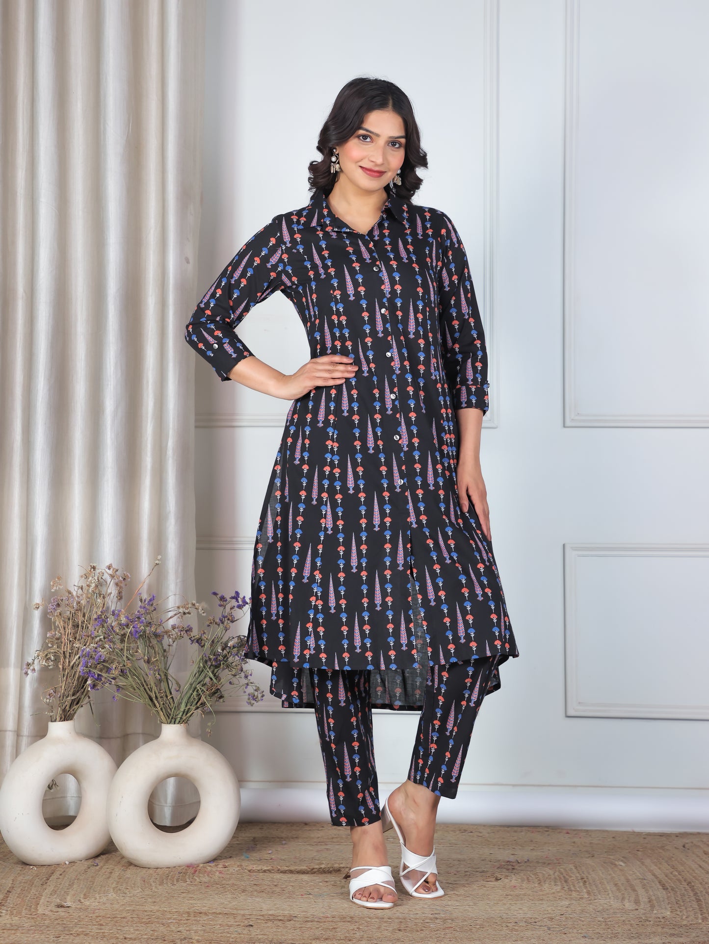 Soft Cotton Butti High Low Black Kurta