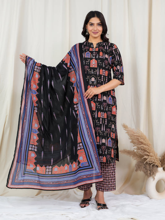 Cotton Voile Ajrakh Black Dupatta