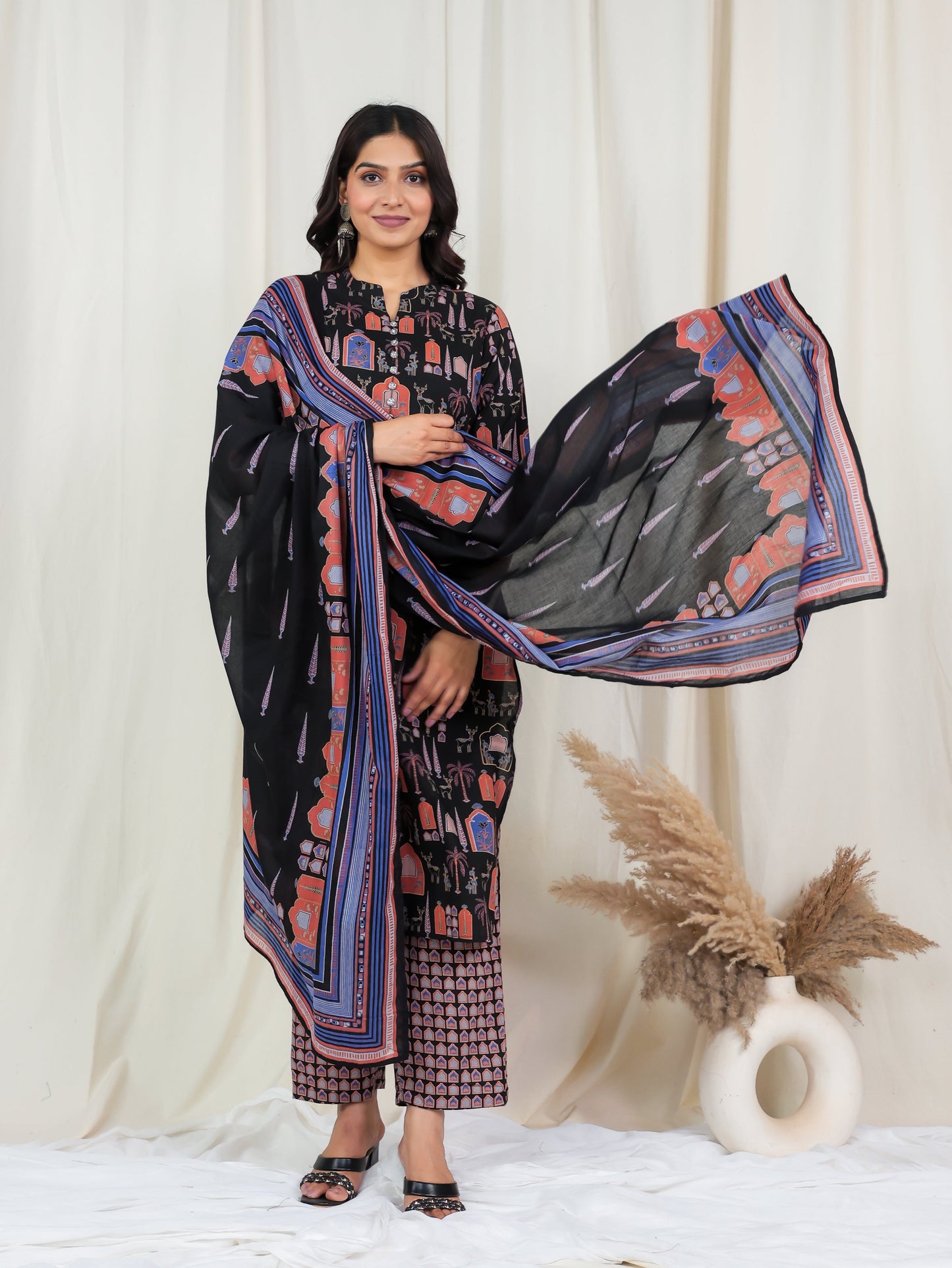 Cotton Voile Ajrakh Black Dupatta