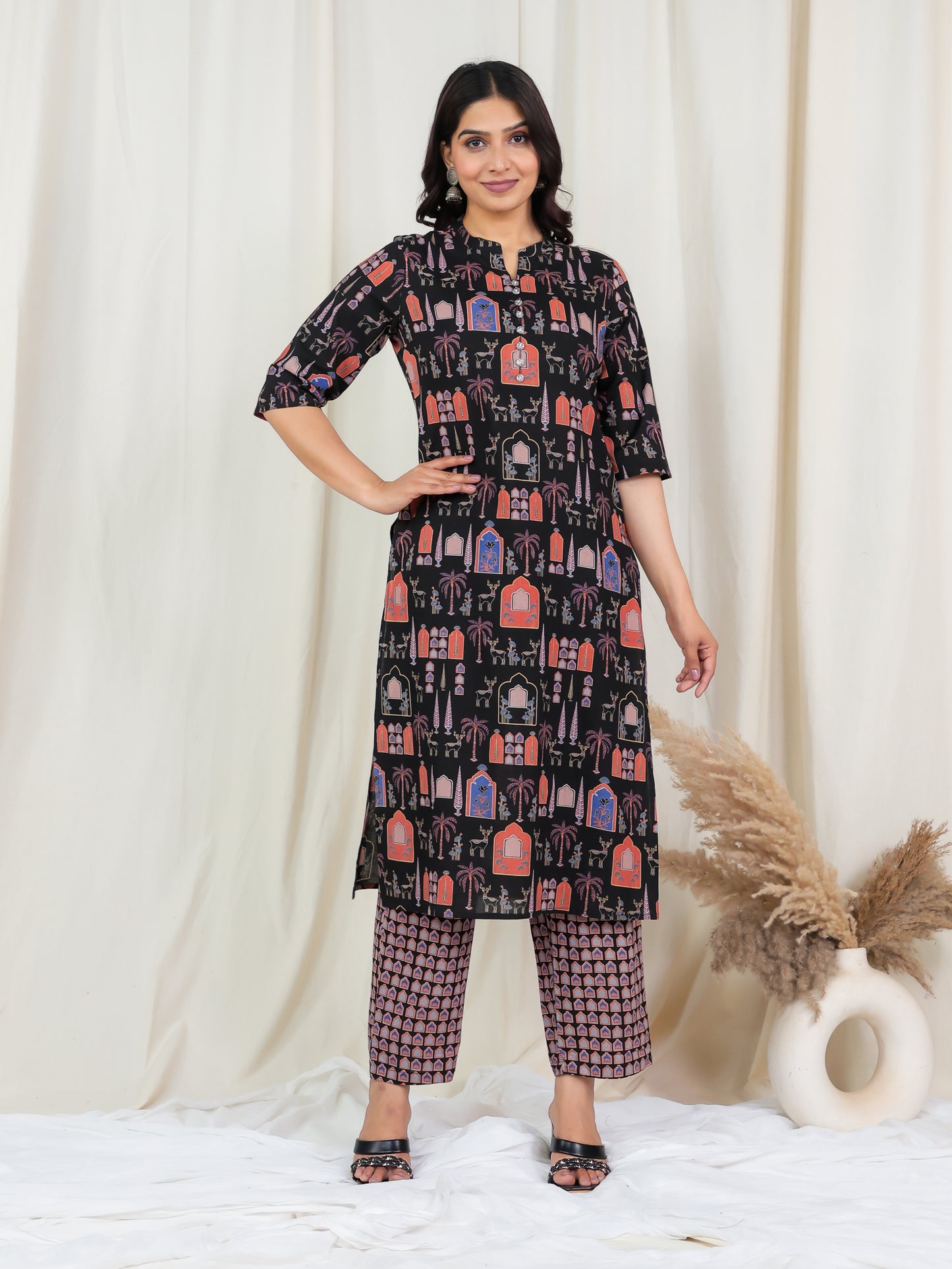 Soft Cotton Ajrakh Straight Black Kurta