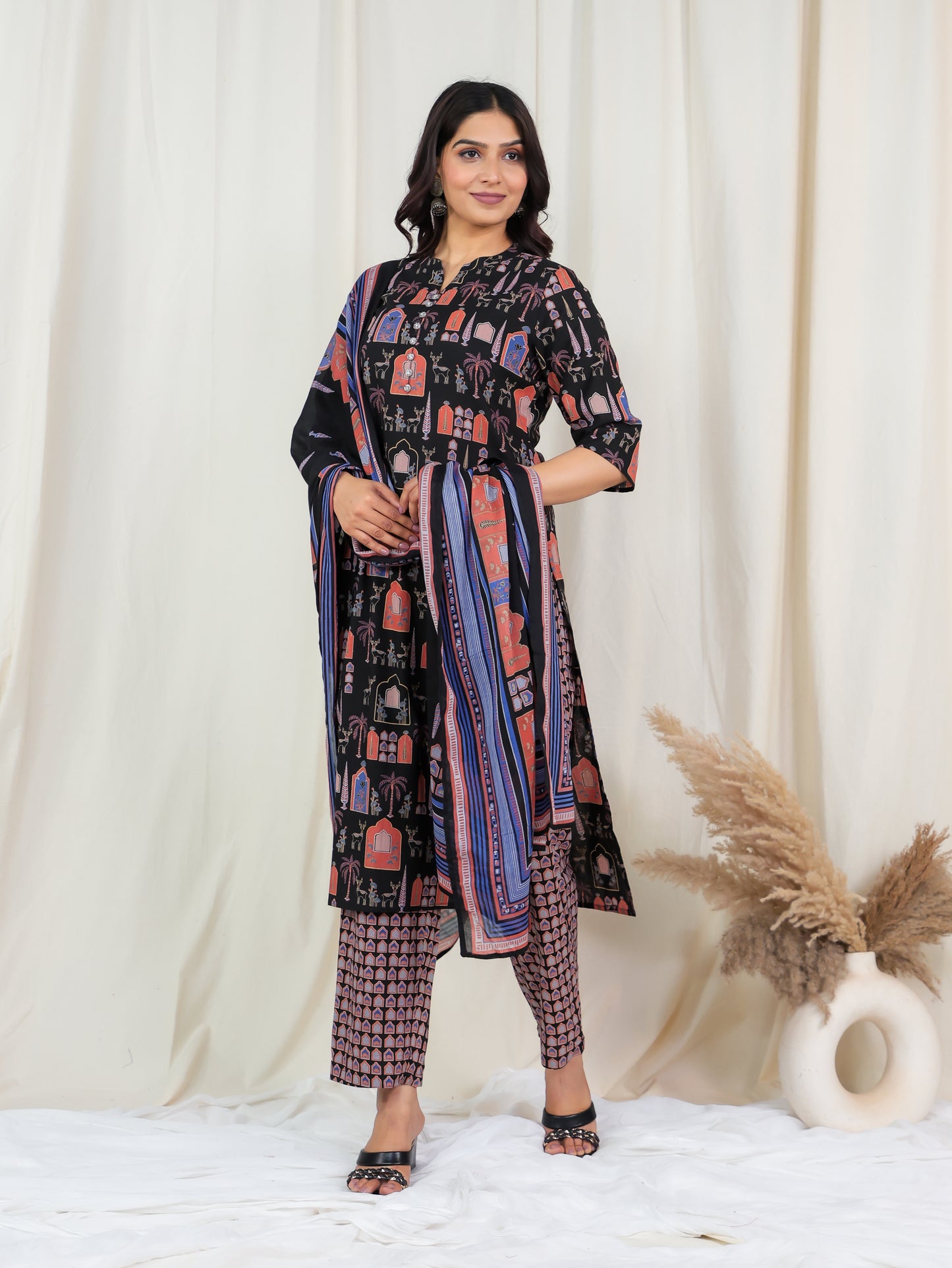 Soft Cotton Ajrakh Straight Black Kurta