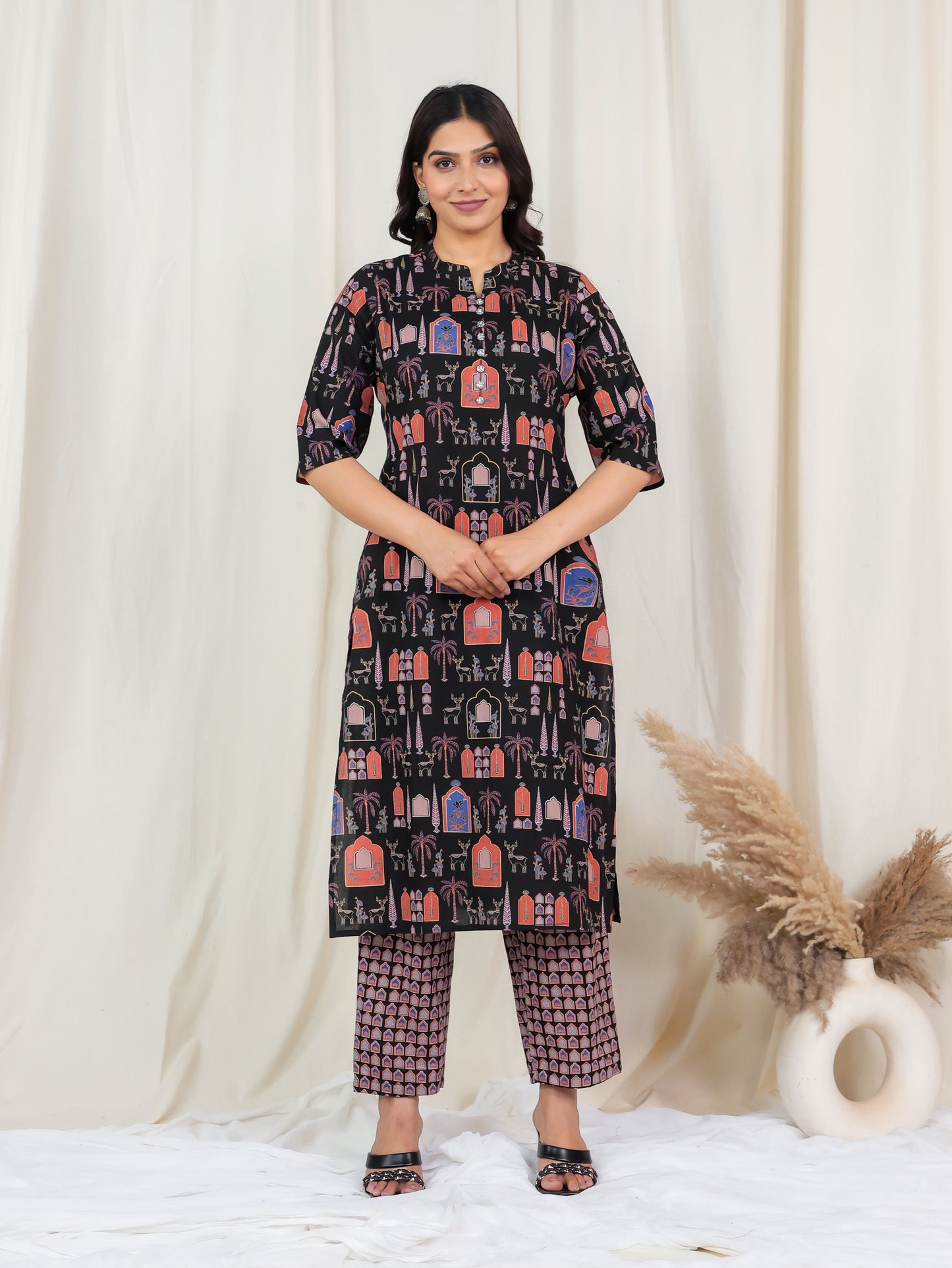 Soft Cotton Ajrakh Straight Black Kurta