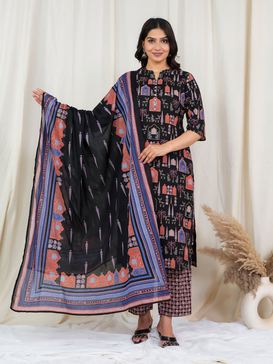 Soft Cotton Ajrakh Straight Black Kurta