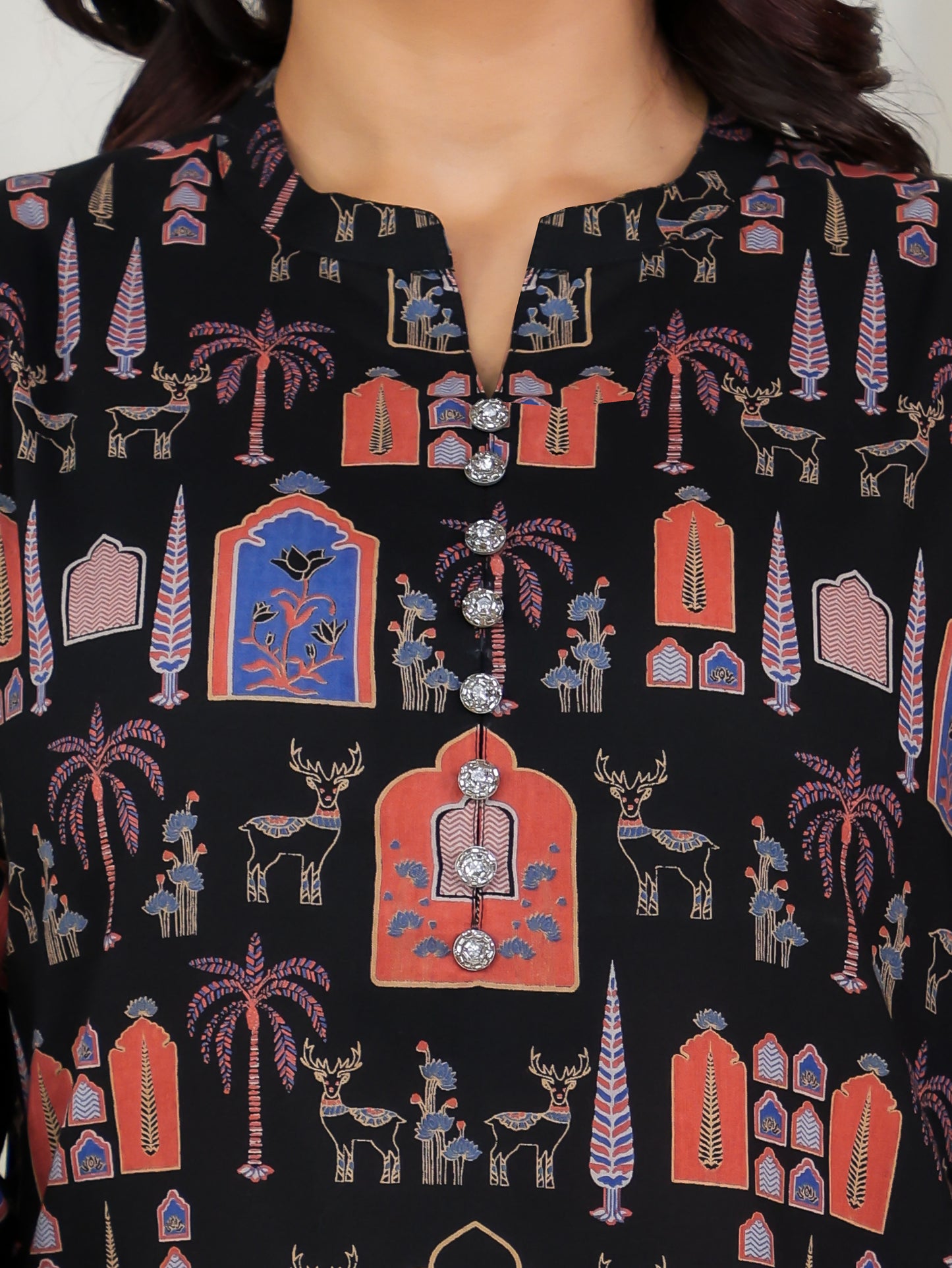 Soft Cotton Ajrakh Straight Black Kurta