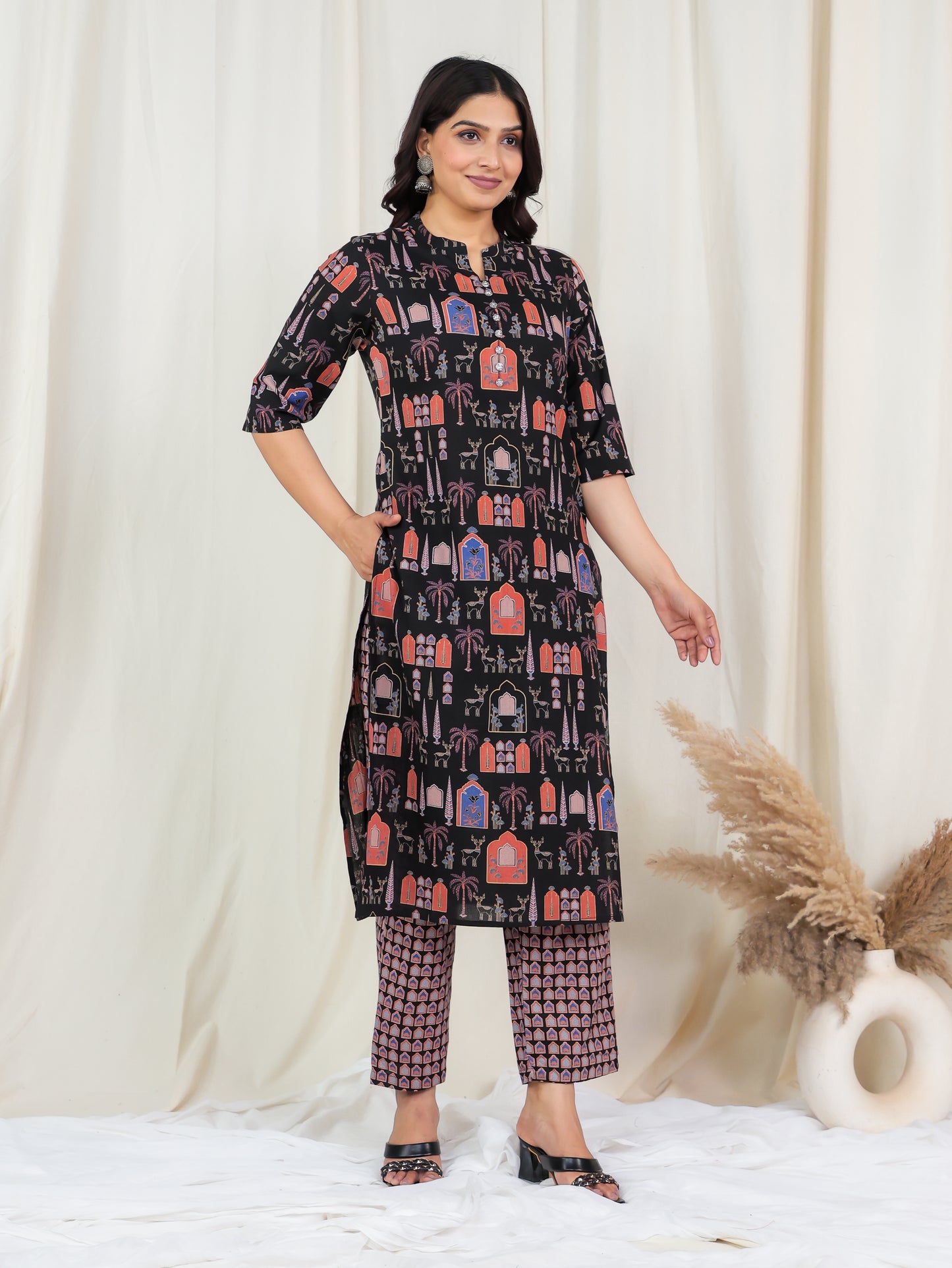 Soft Cotton Ajrakh Straight Black Kurta