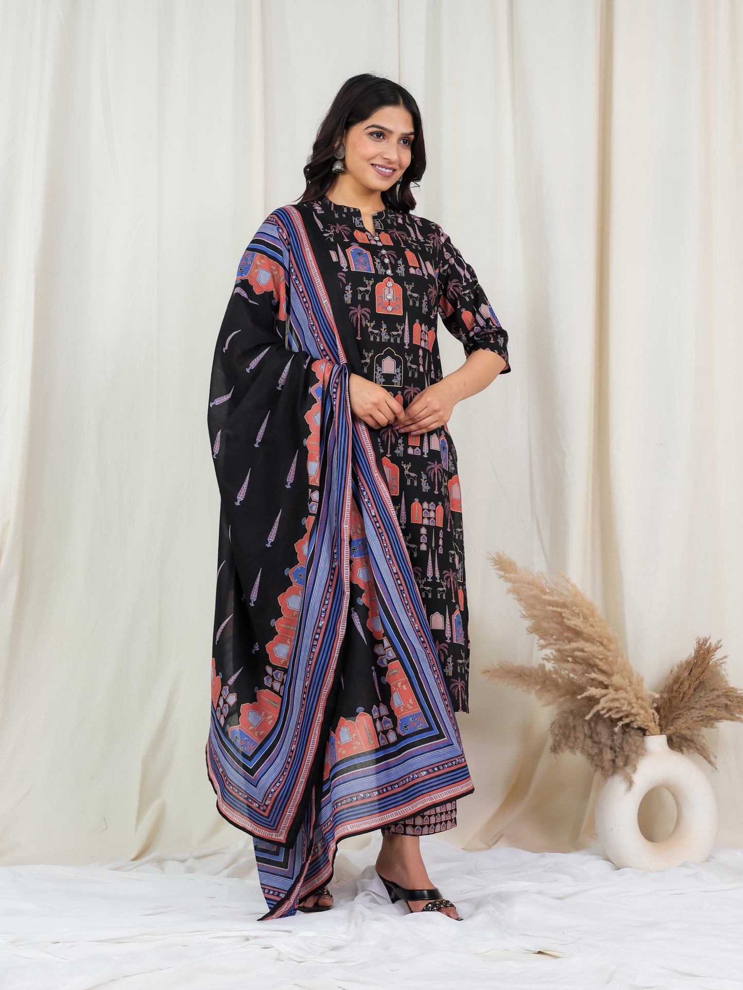 Soft Cotton Ajrakh Straight Black Kurta