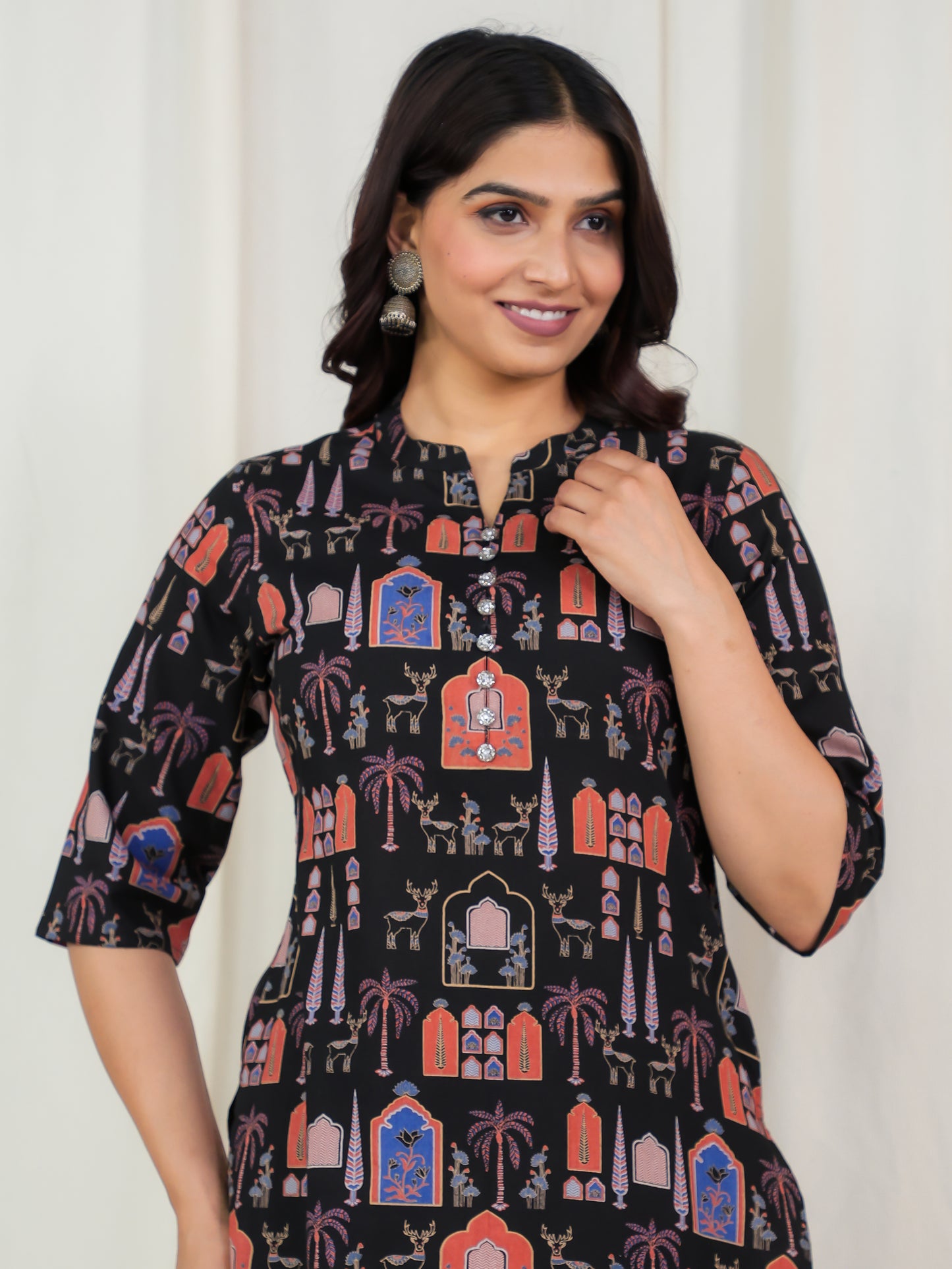 Soft Cotton Ajrakh Straight Black Kurta