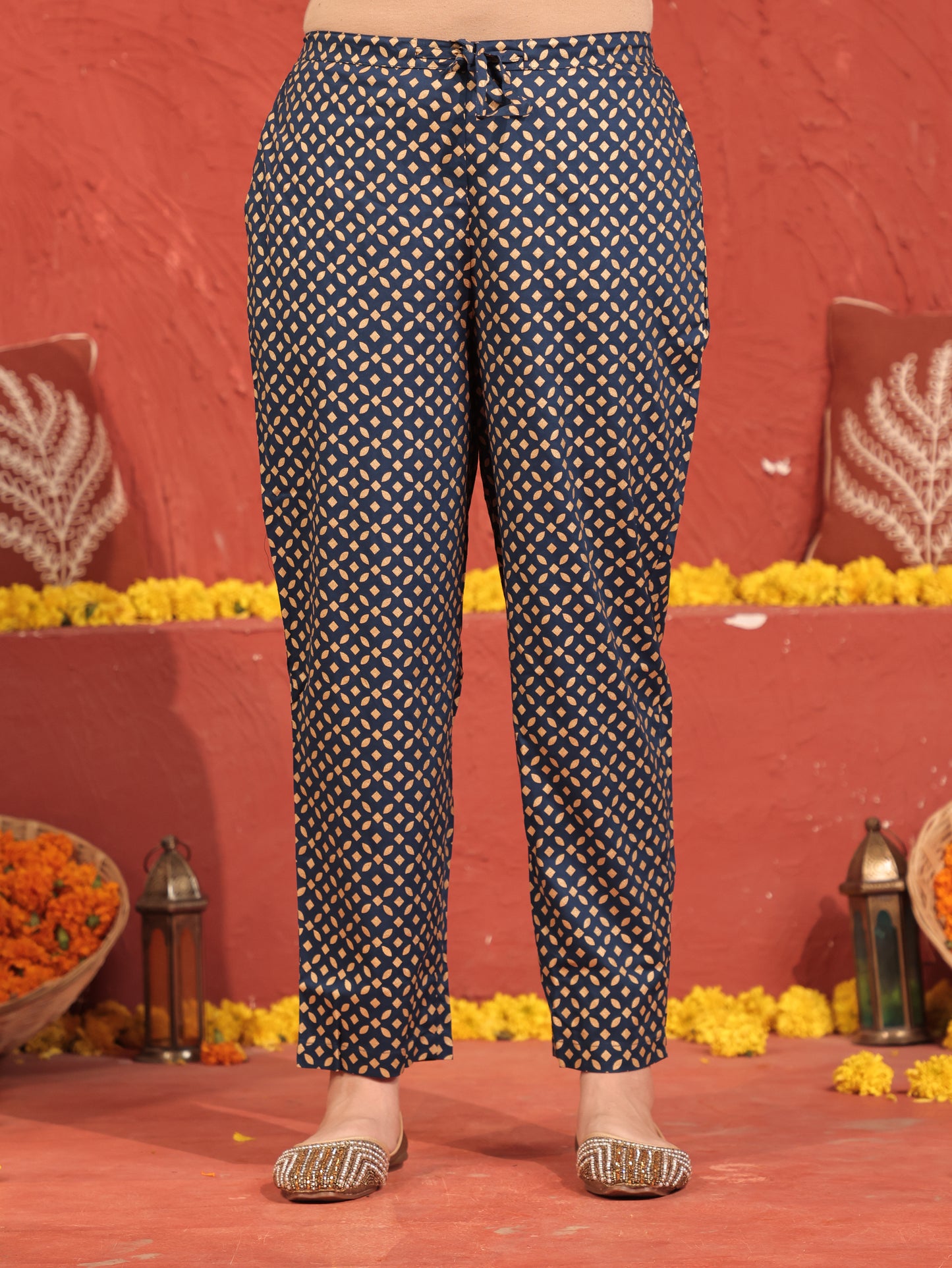 Viscose Gold foil Blue Straight Trousers