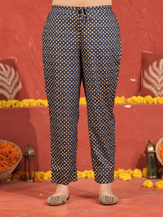 Viscose Gold foil Blue Straight Trousers