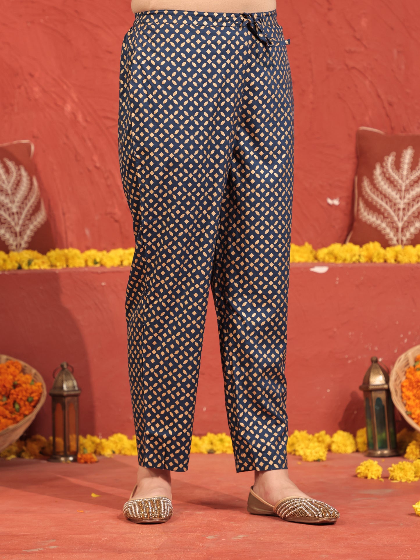 Viscose Gold foil Blue Straight Trousers