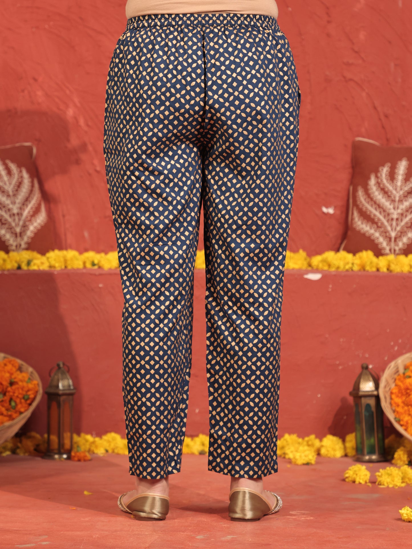 Viscose Gold foil Blue Straight Trousers