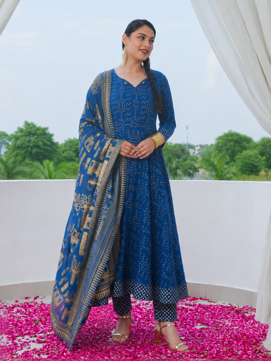 Cotton Voile Gold foil Blue Dupatta
