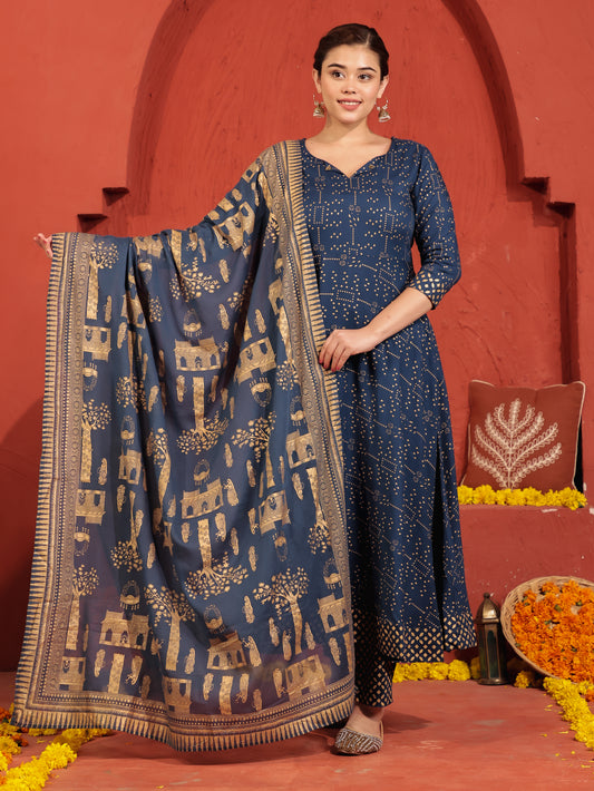 Cotton Voile Gold foil Blue Dupatta
