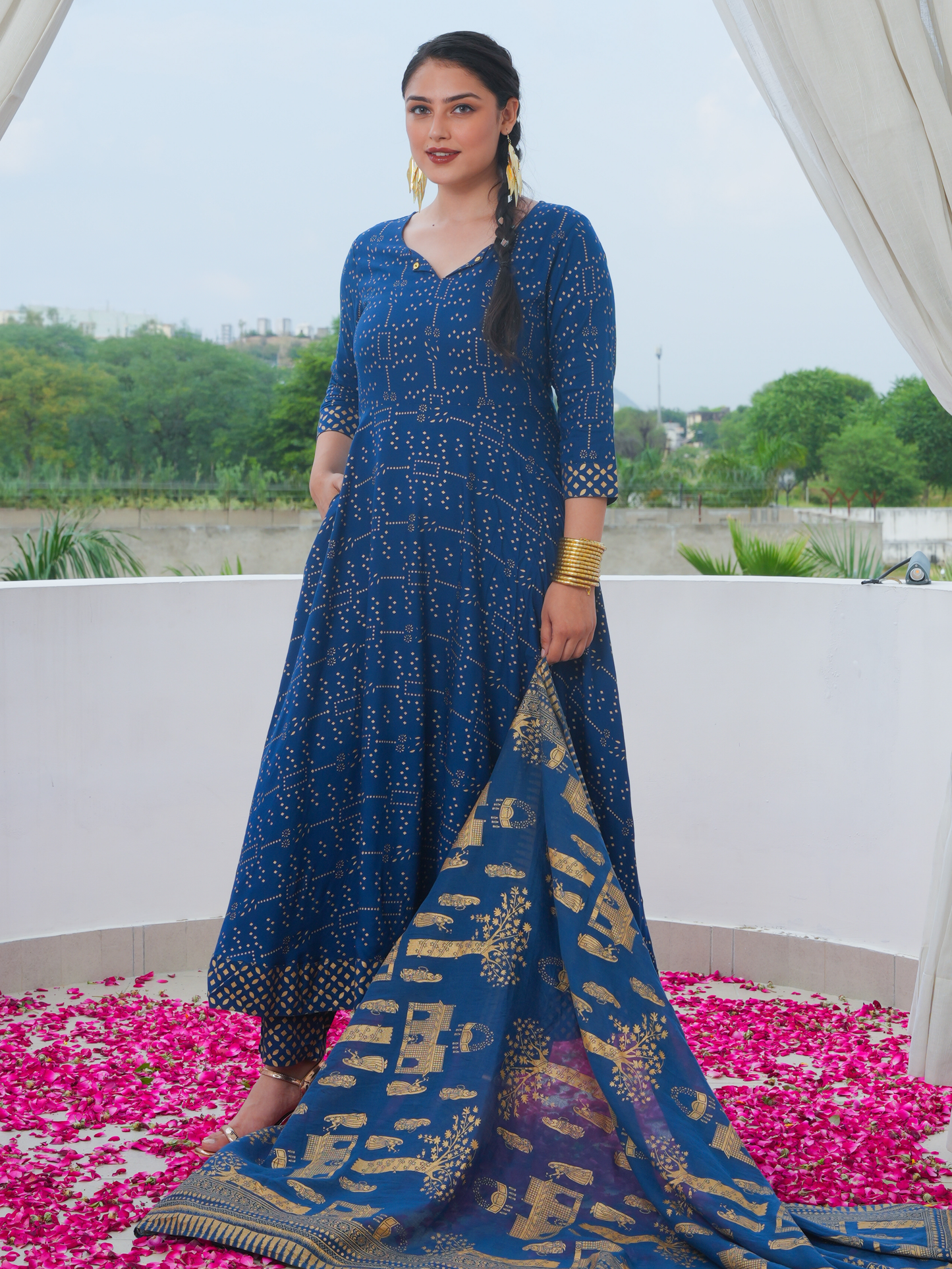 Cotton Voile Gold foil Blue Dupatta