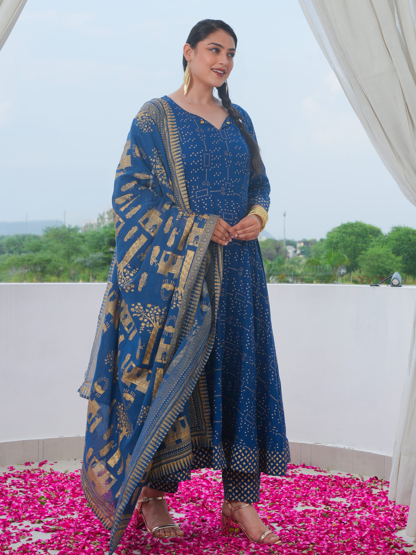 Cotton Voile Gold foil Blue Dupatta