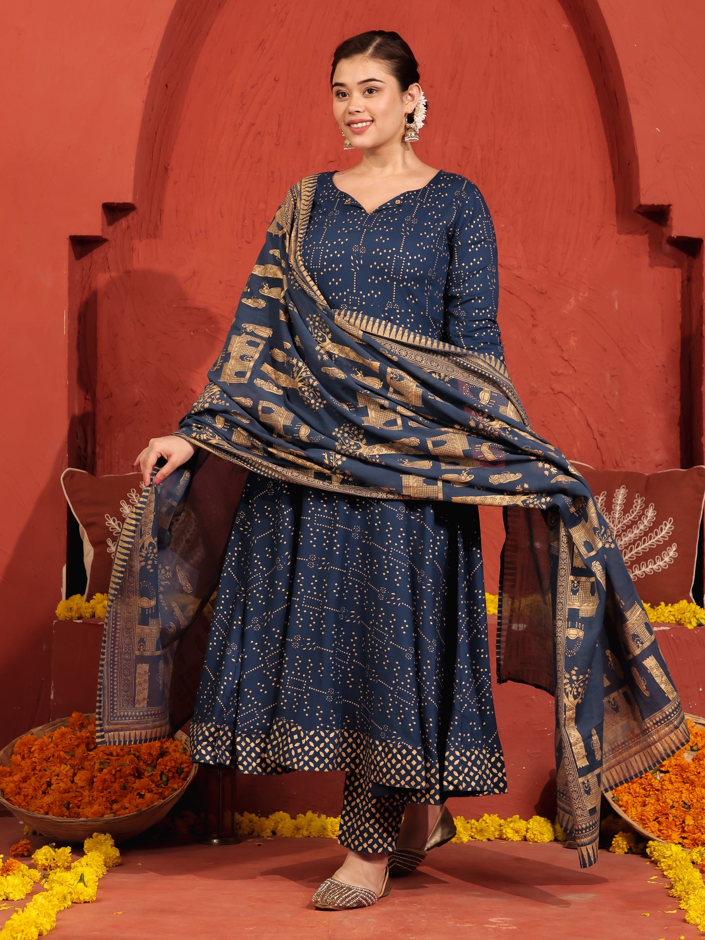 Viscose Gold foil Anarkali Blue Kurta