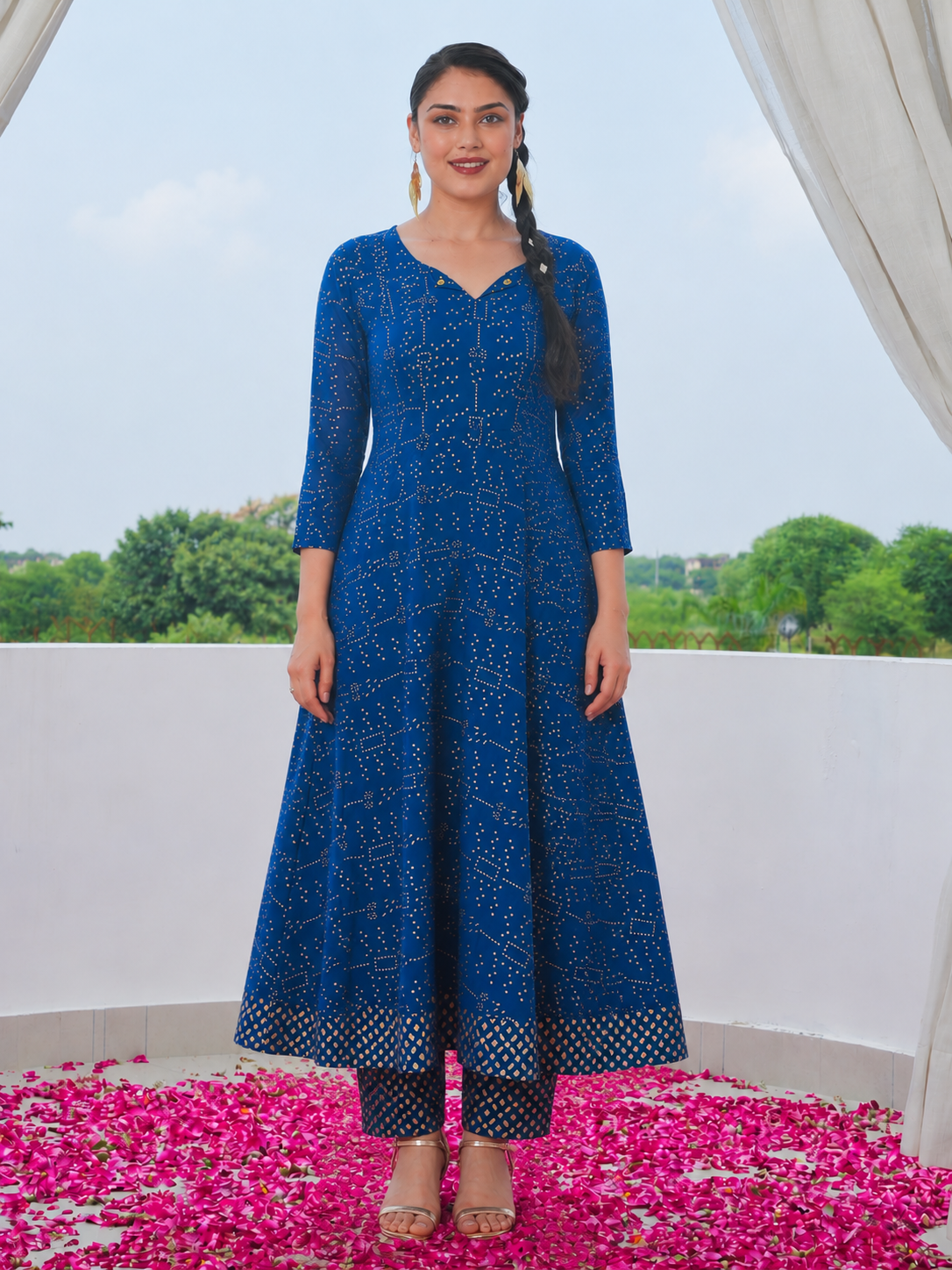 Viscose Gold foil Anarkali Blue Kurta