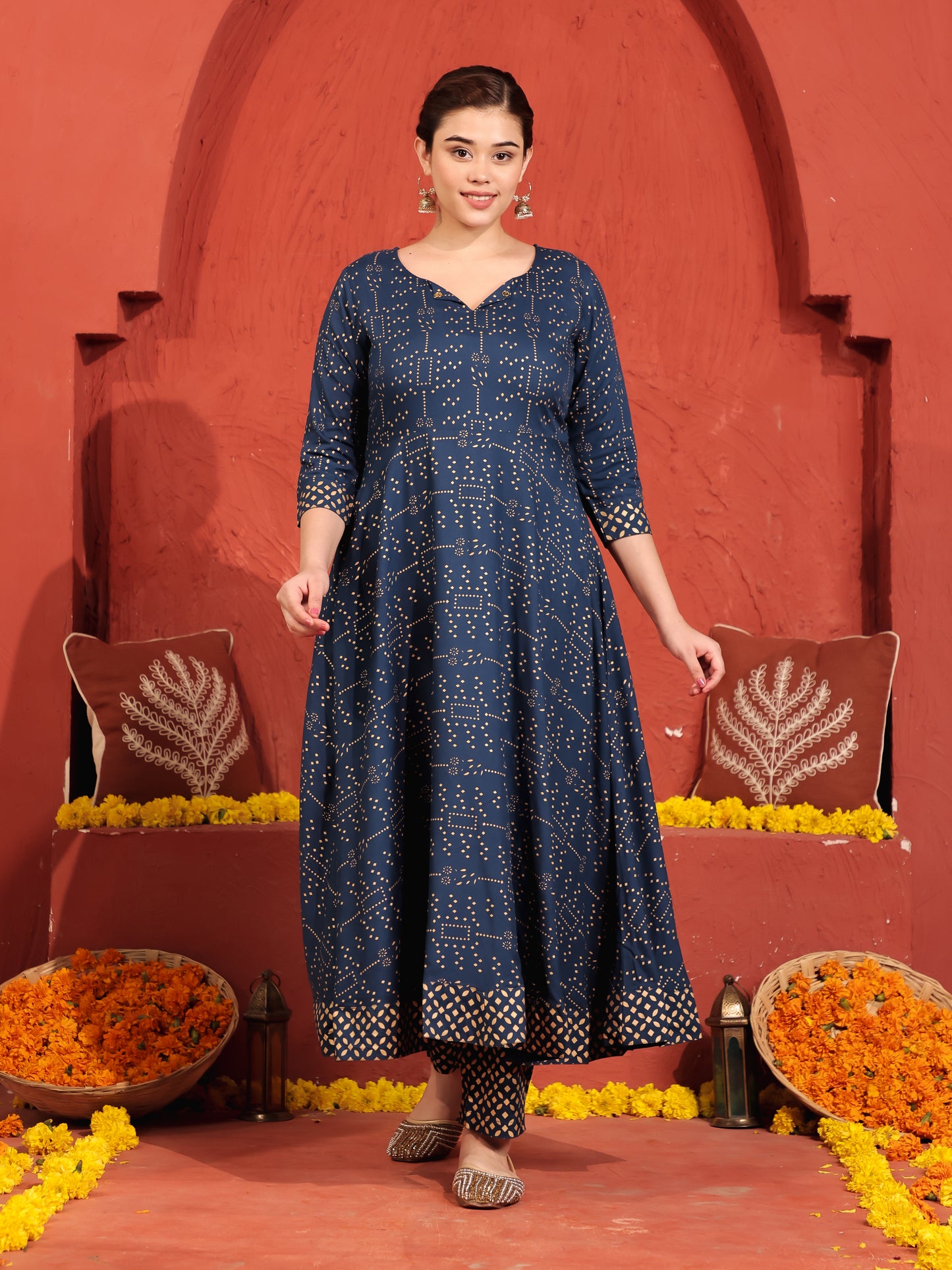 Viscose Gold foil Anarkali Blue Kurta