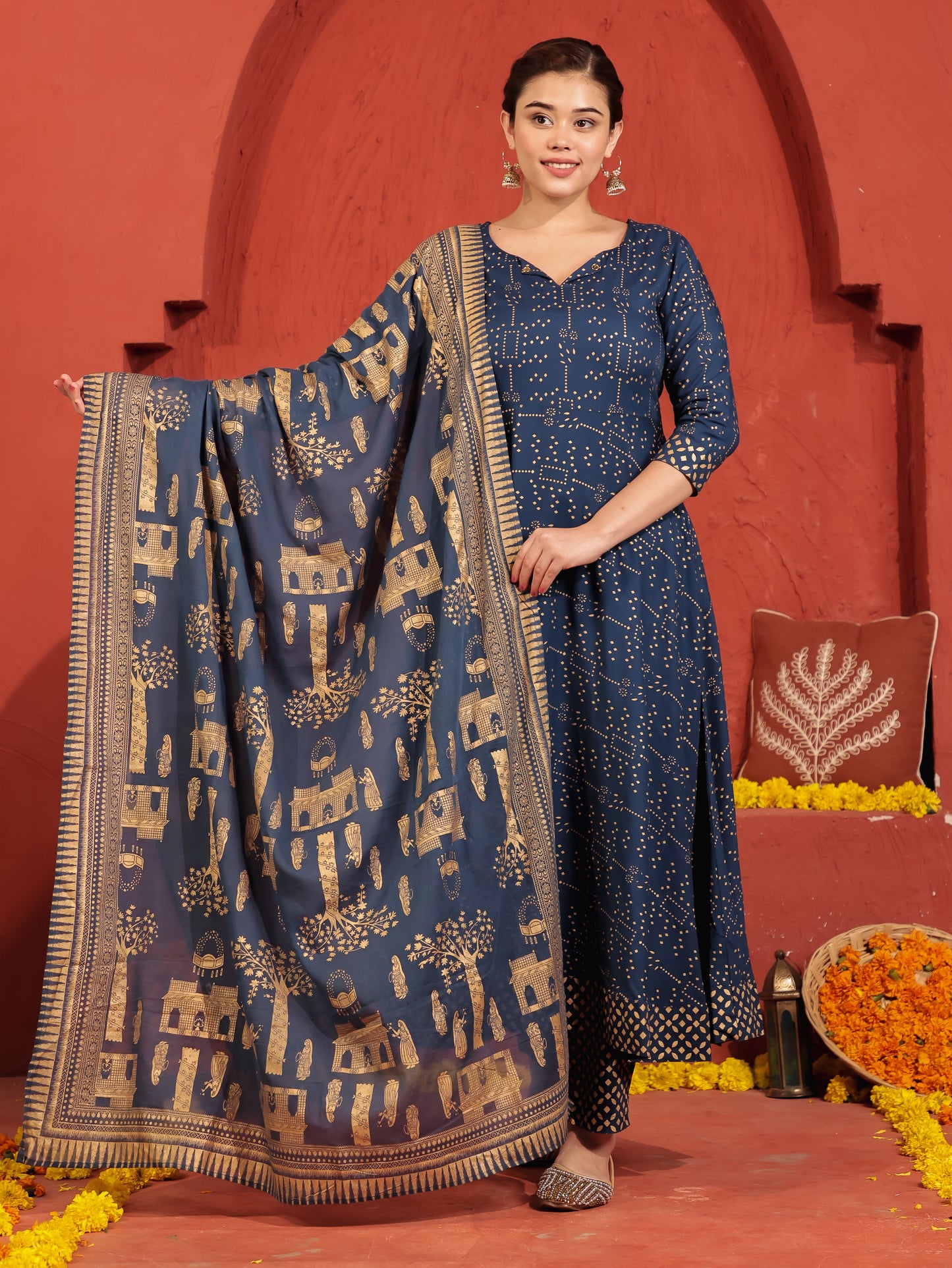 Viscose Gold foil Anarkali Blue Kurta