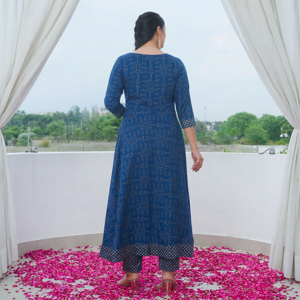 Viscose Gold foil Anarkali Blue Kurta