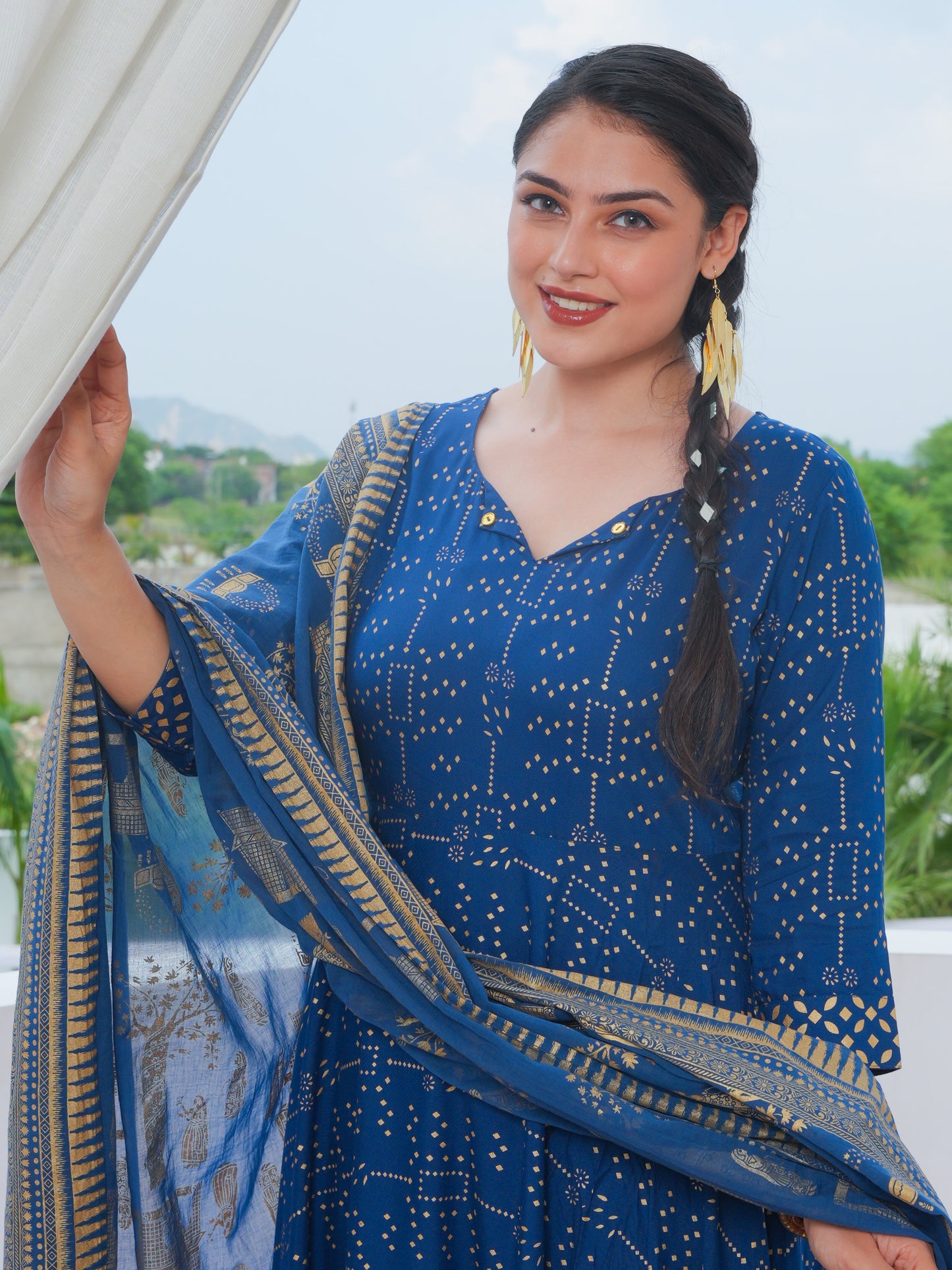 Viscose Gold foil Anarkali Blue Kurta