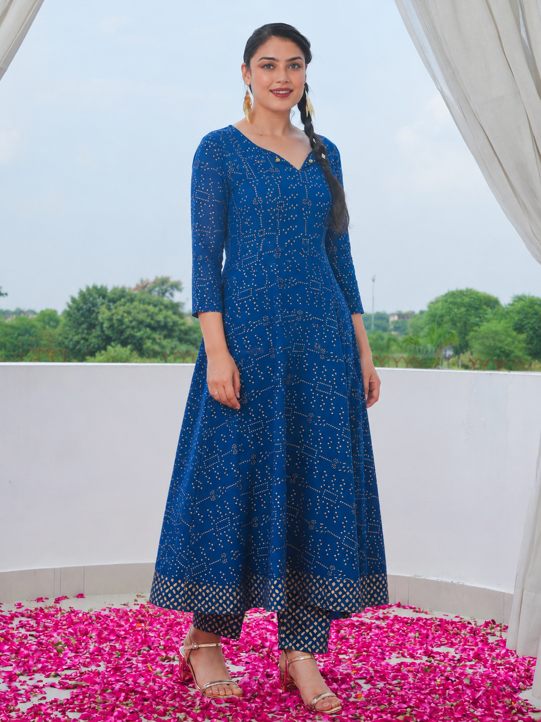 Viscose Gold foil Anarkali Blue Kurta