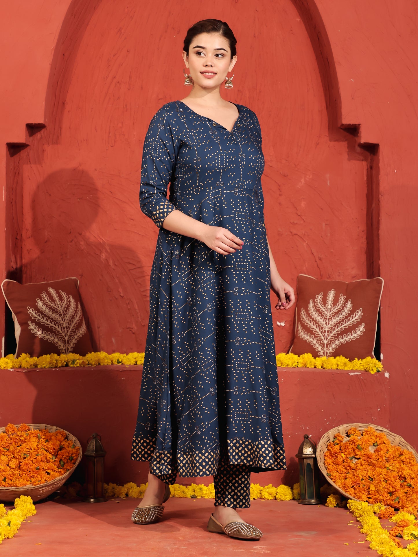 Viscose Gold foil Anarkali Blue Kurta