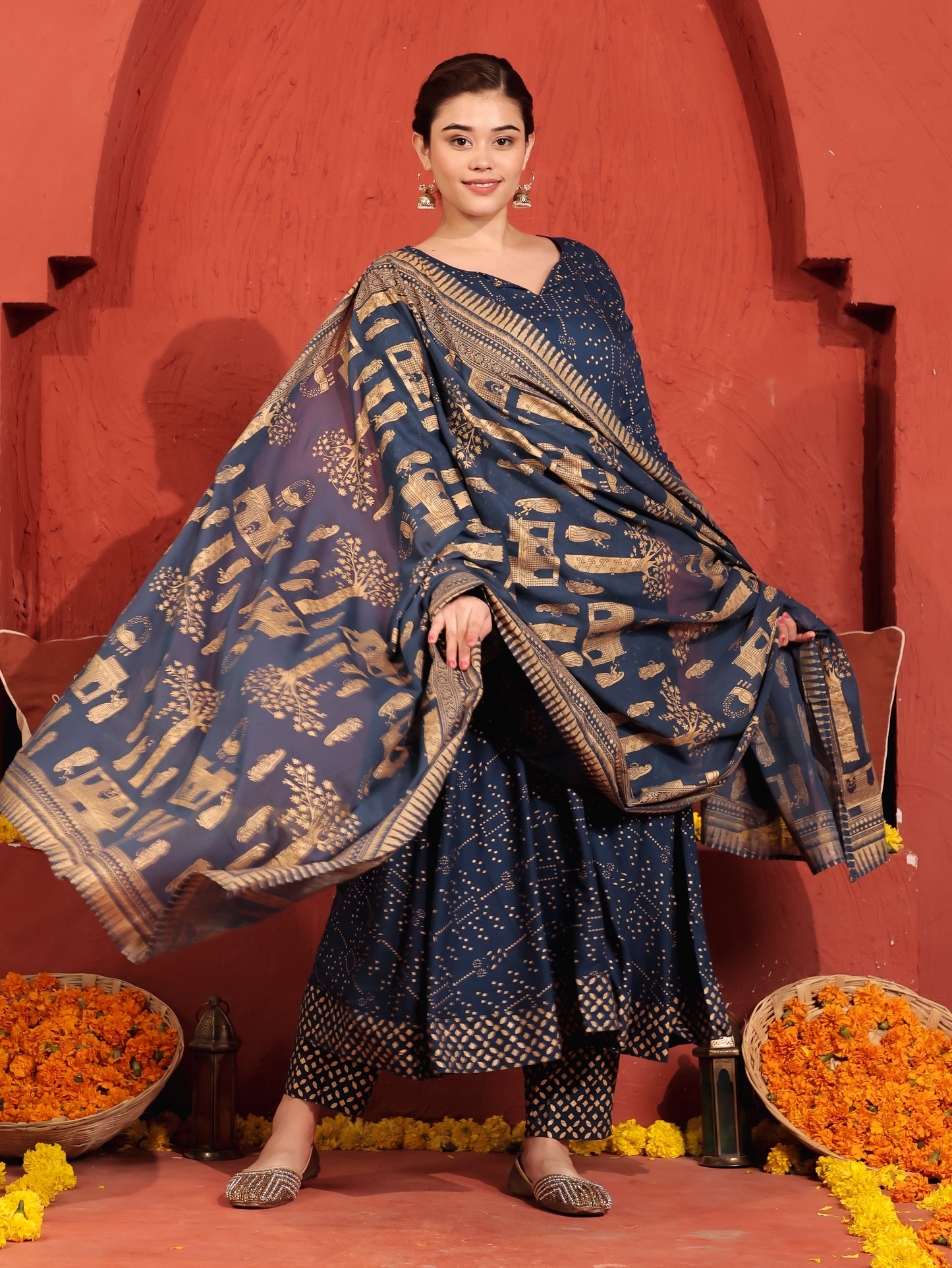 Viscose Gold foil Anarkali Blue Kurta