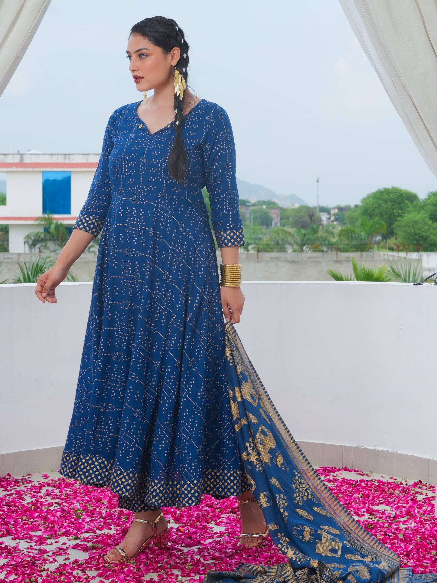 Viscose Gold foil Anarkali Blue Kurta