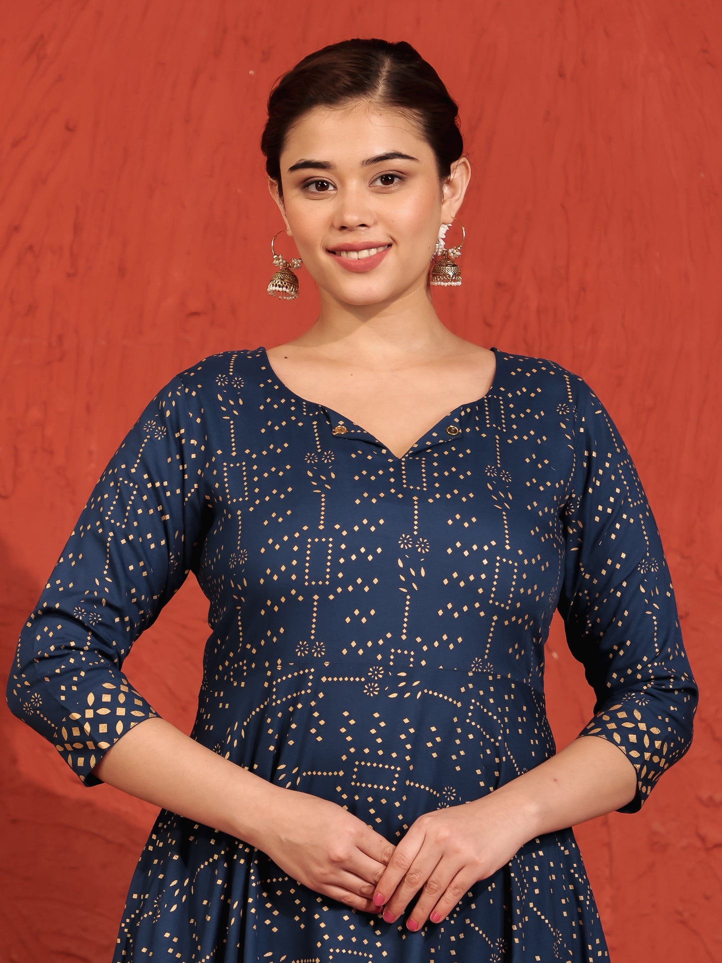 Viscose Gold foil Anarkali Blue Kurta
