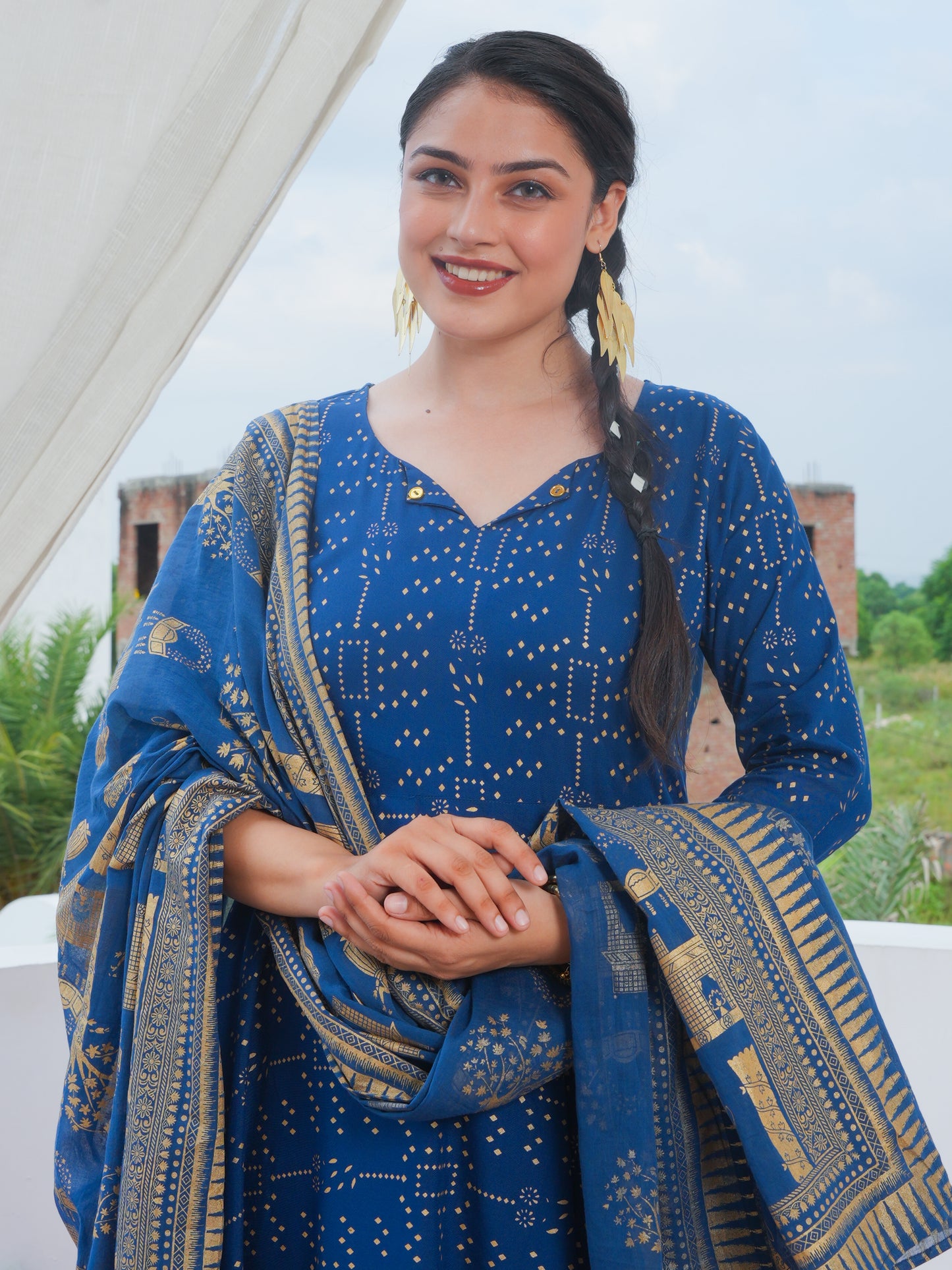 Viscose Gold foil Anarkali Blue Kurta