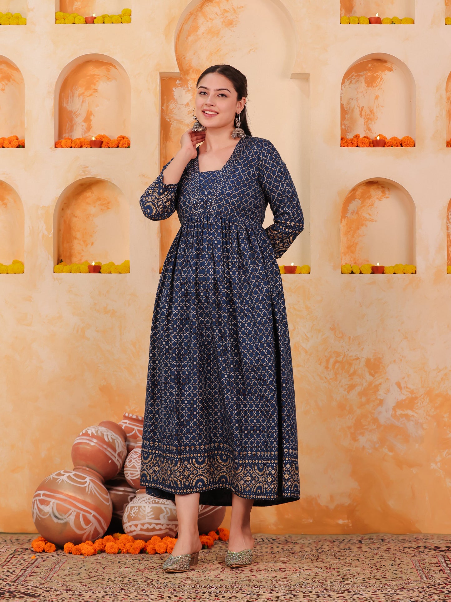 Embroidered Viscose Gold foil Anarkali Blue Dress