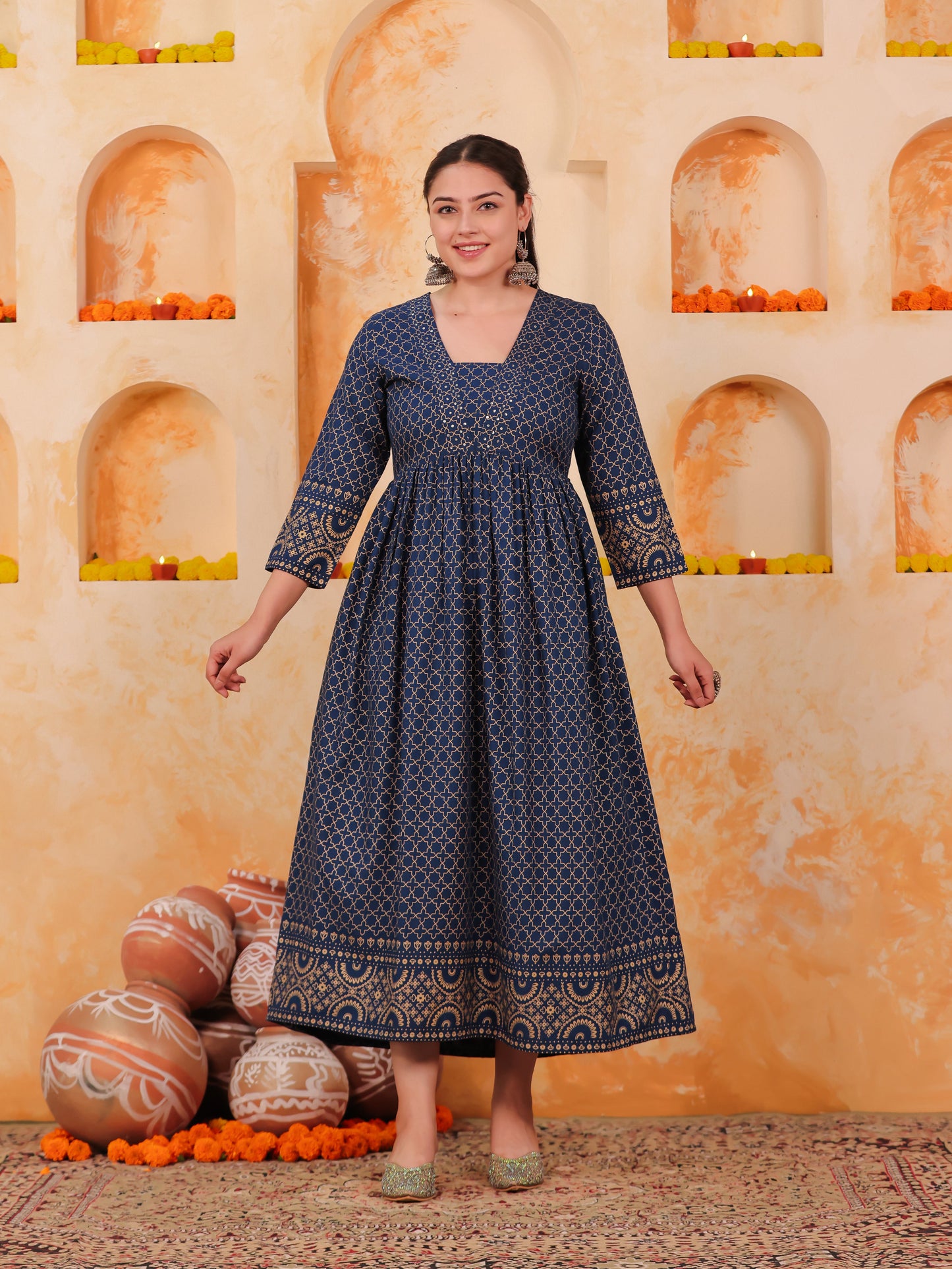 Embroidered Viscose Gold foil Anarkali Blue Dress