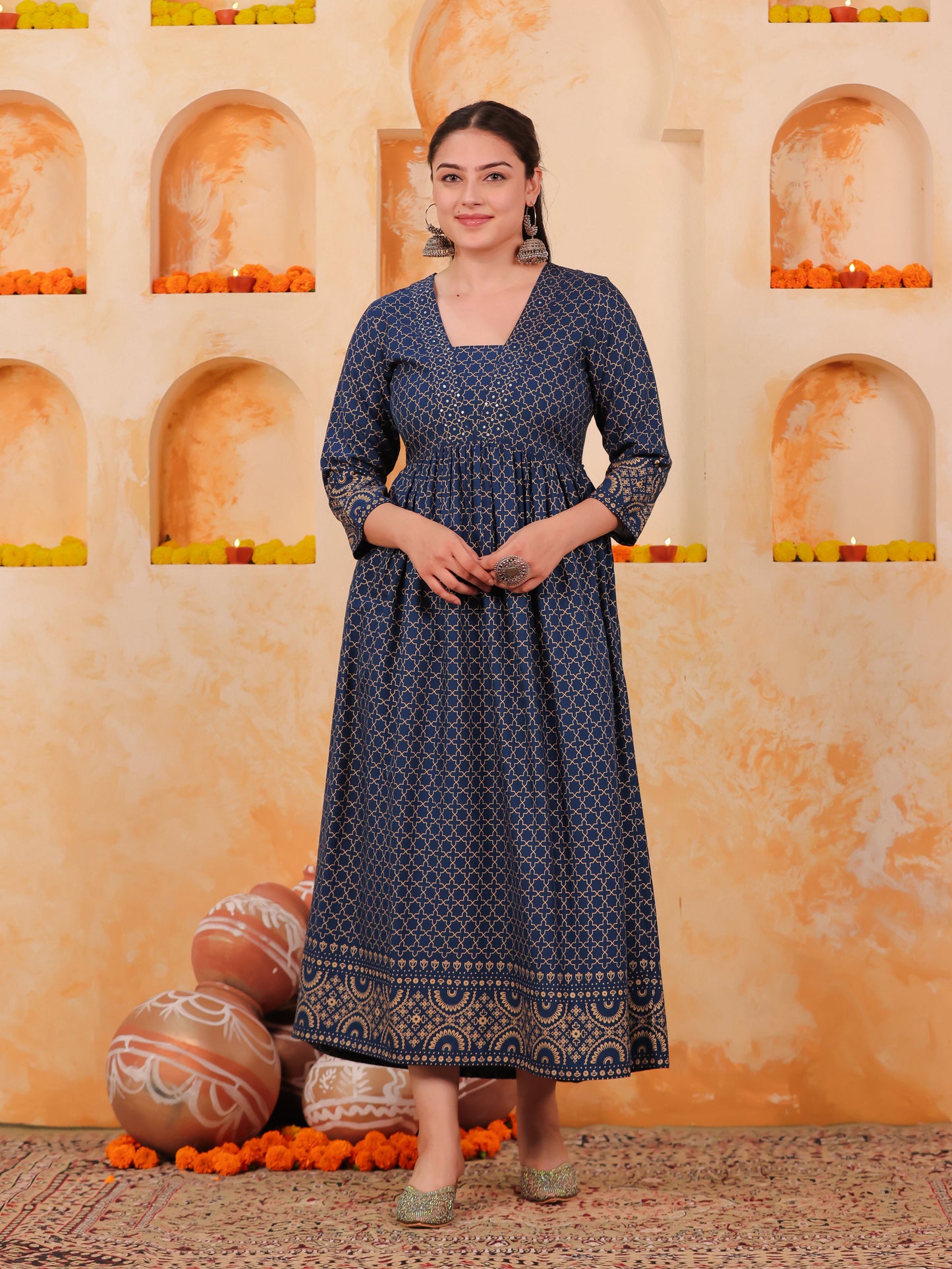 Embroidered Viscose Gold foil Anarkali Blue Dress