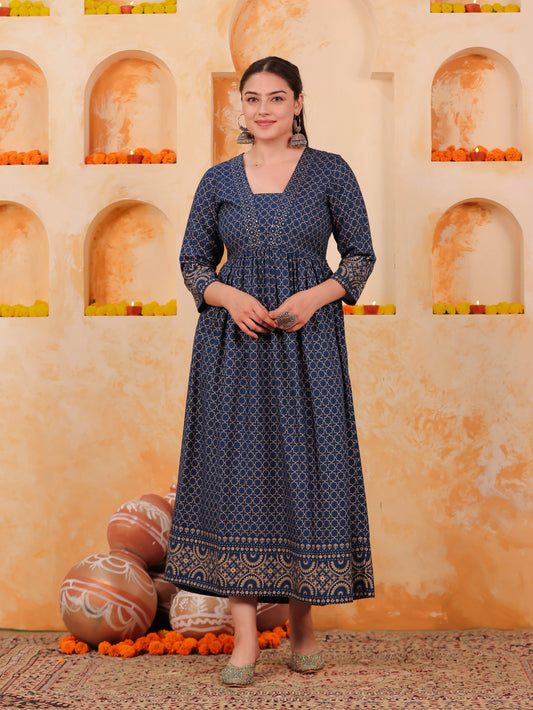 Embroidered Viscose Gold foil Anarkali Blue Dress