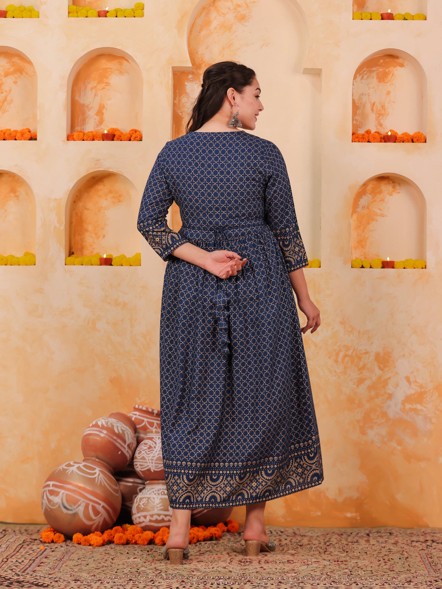 Embroidered Viscose Gold foil Anarkali Blue Dress