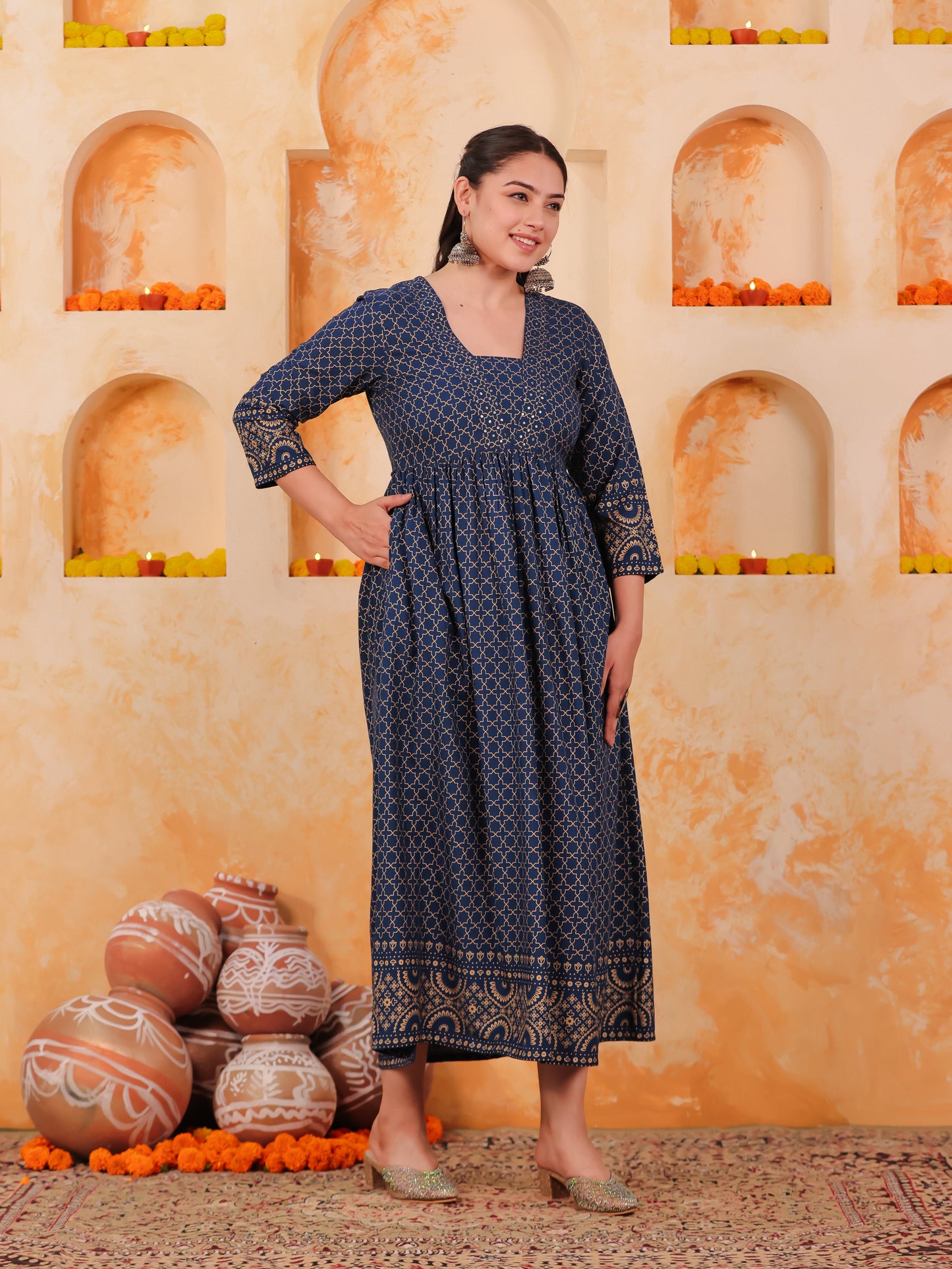 Embroidered Viscose Gold foil Anarkali Blue Dress