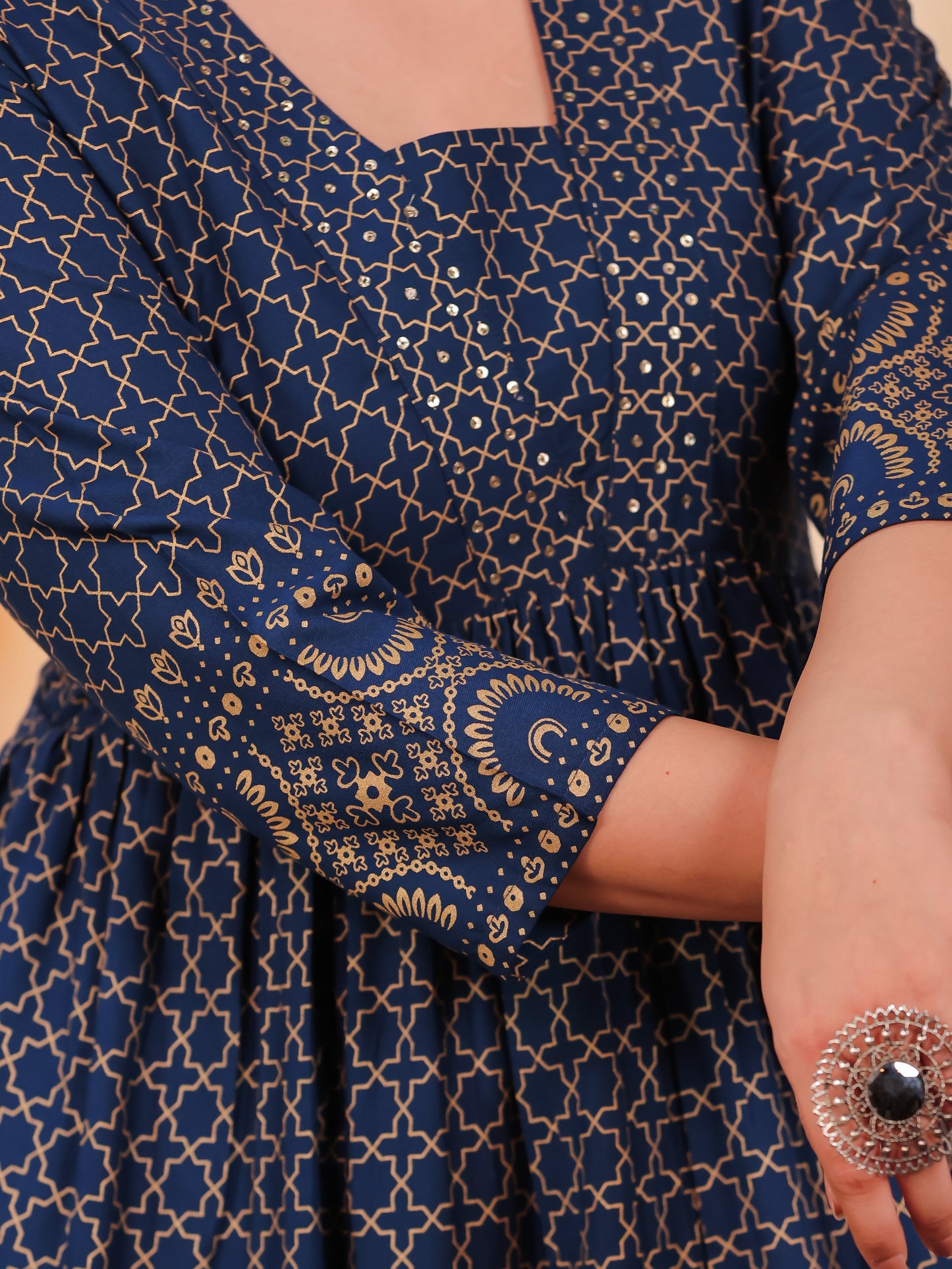 Embroidered Viscose Gold foil Anarkali Blue Dress