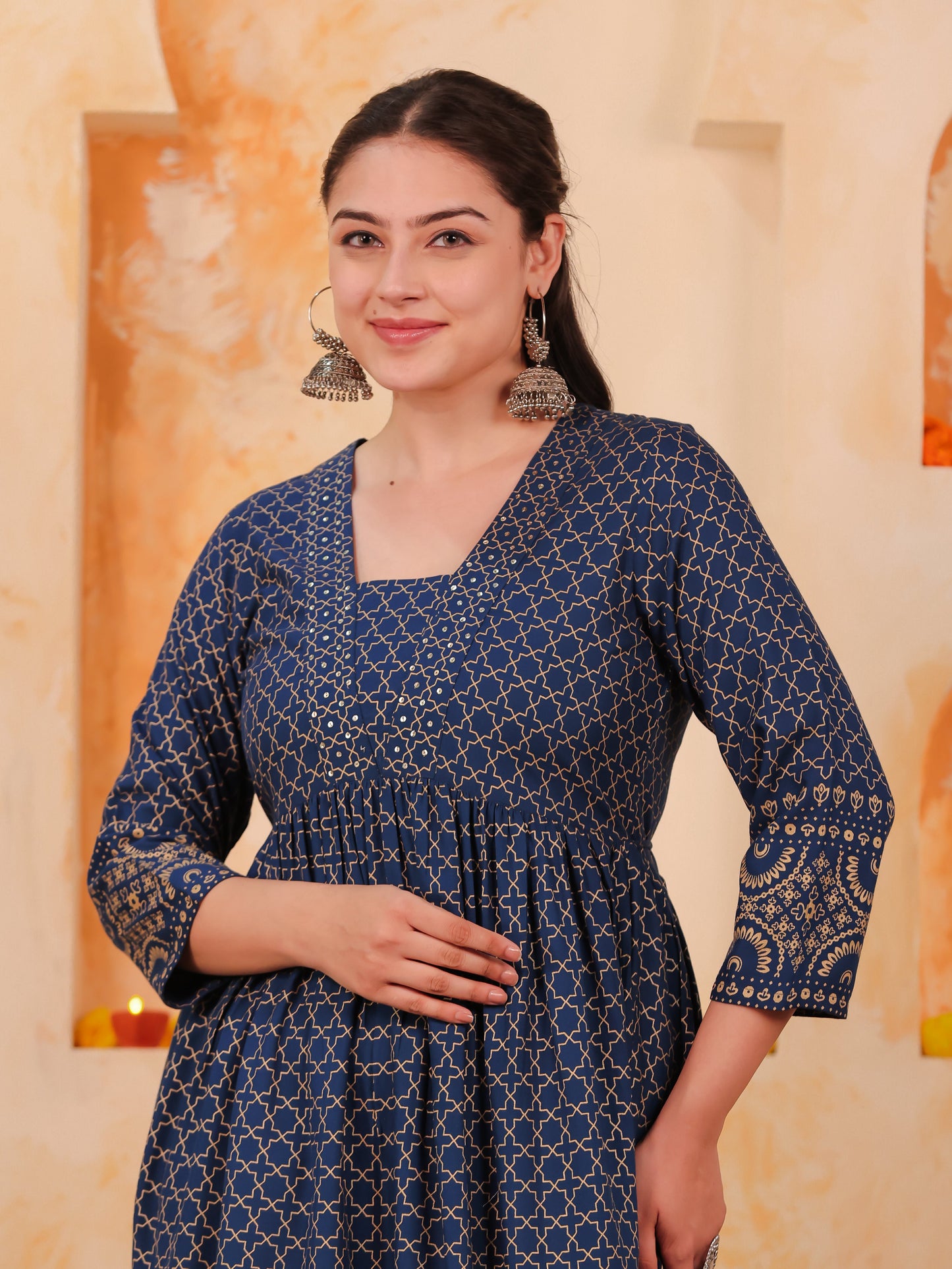 Embroidered Viscose Gold foil Anarkali Blue Dress