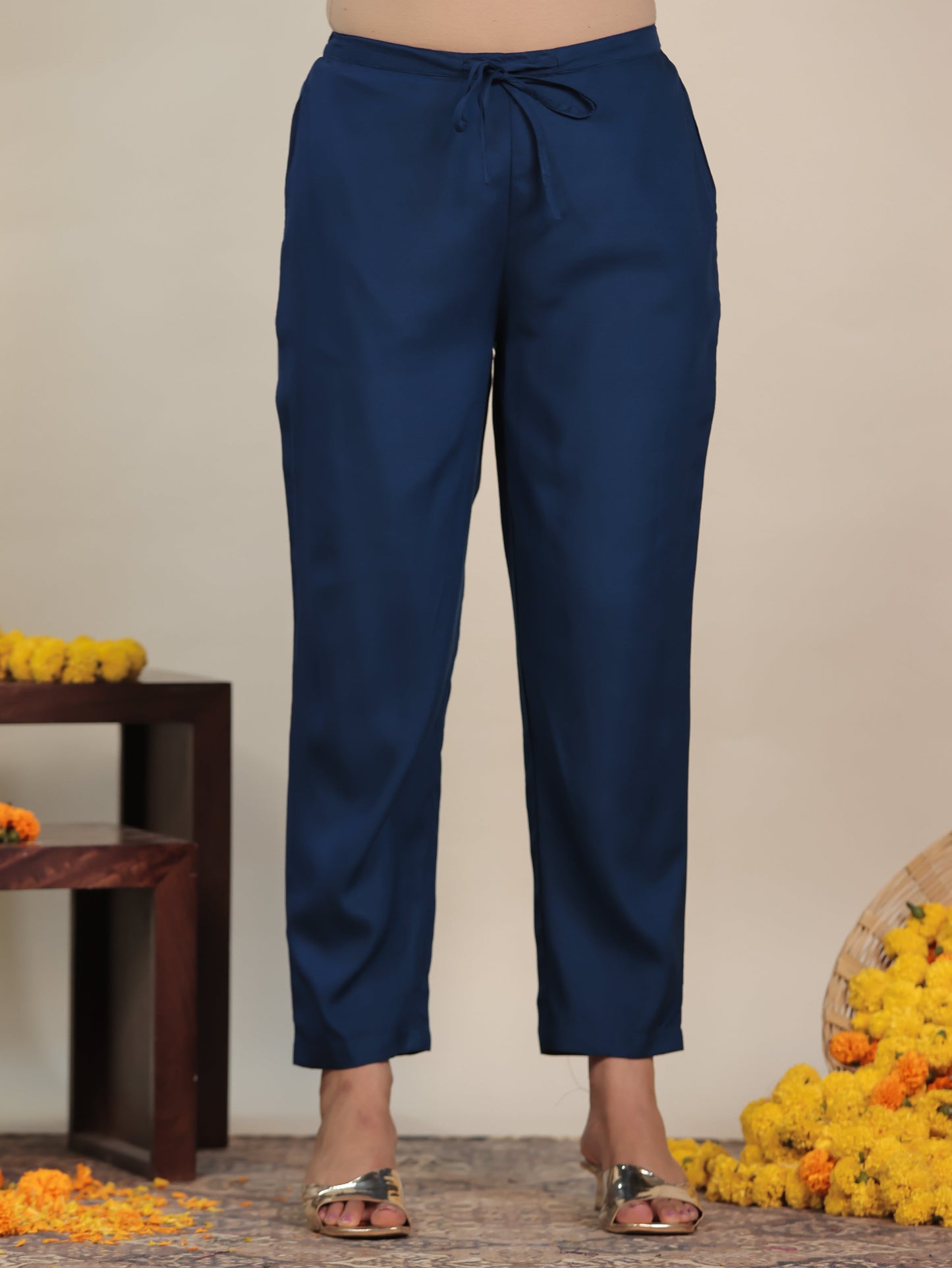 Viscose Solid Blue Tapered Tapered Trousers