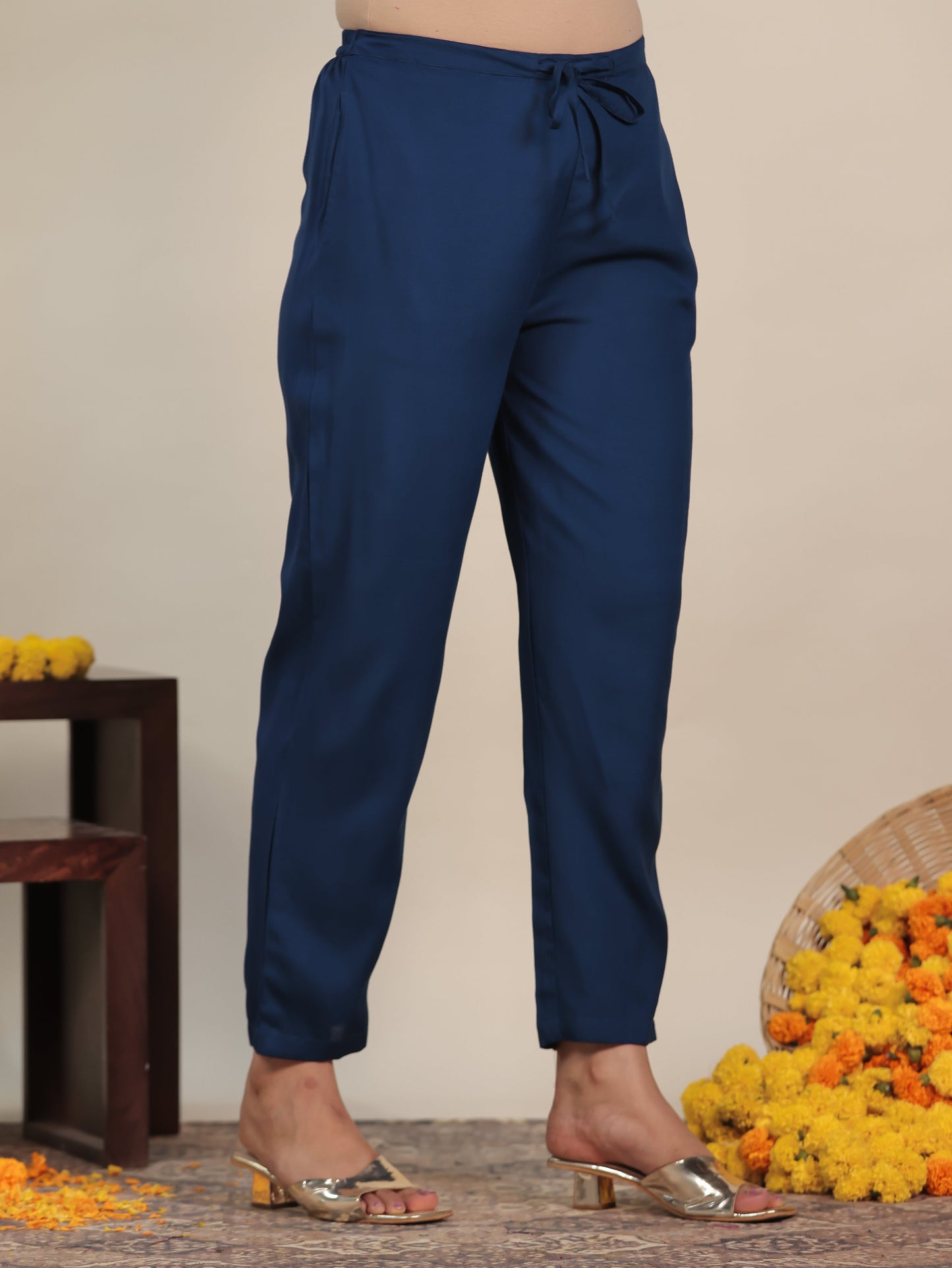 Viscose Solid Blue Tapered Tapered Trousers