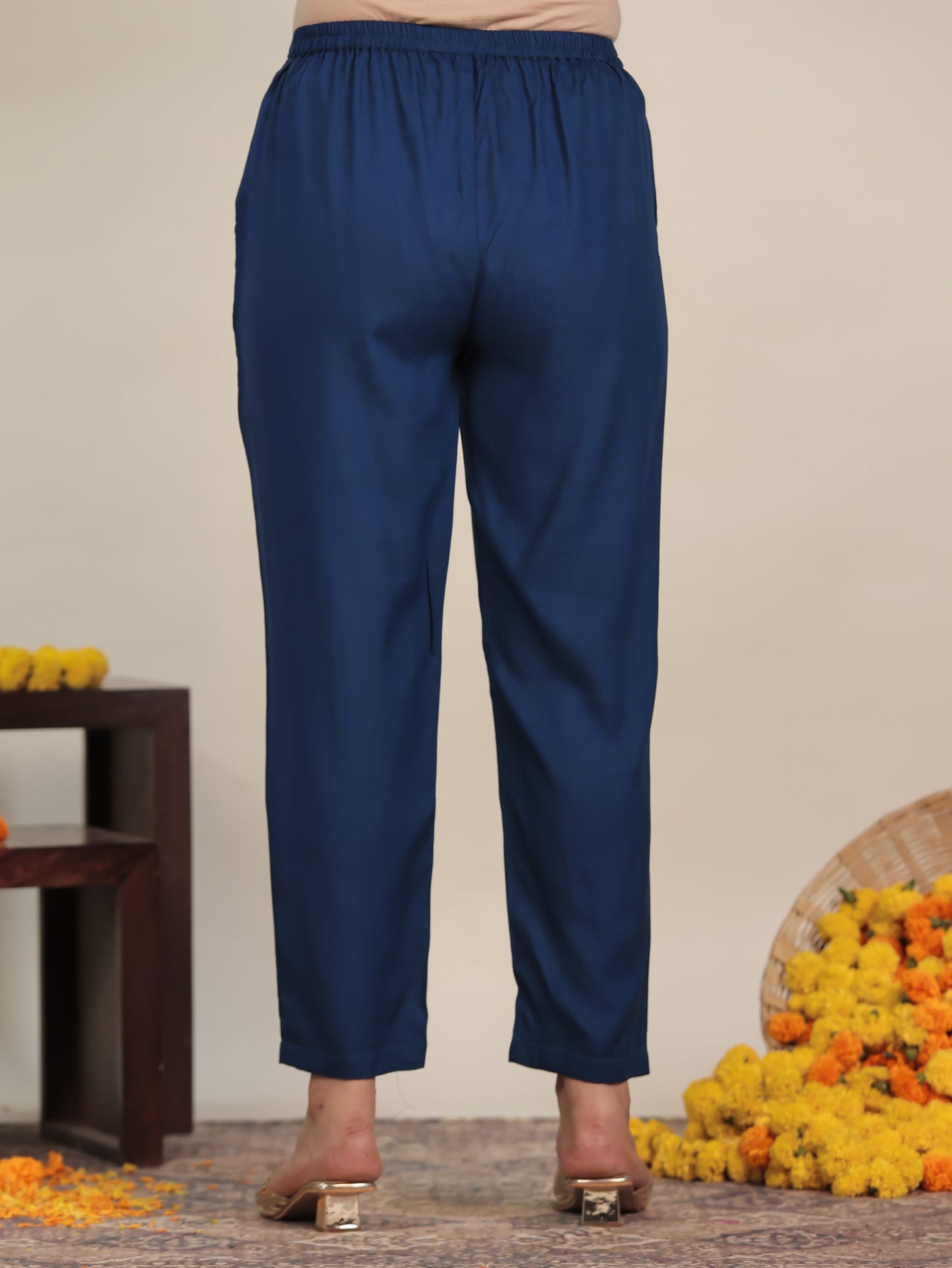Viscose Solid Blue Tapered Tapered Trousers