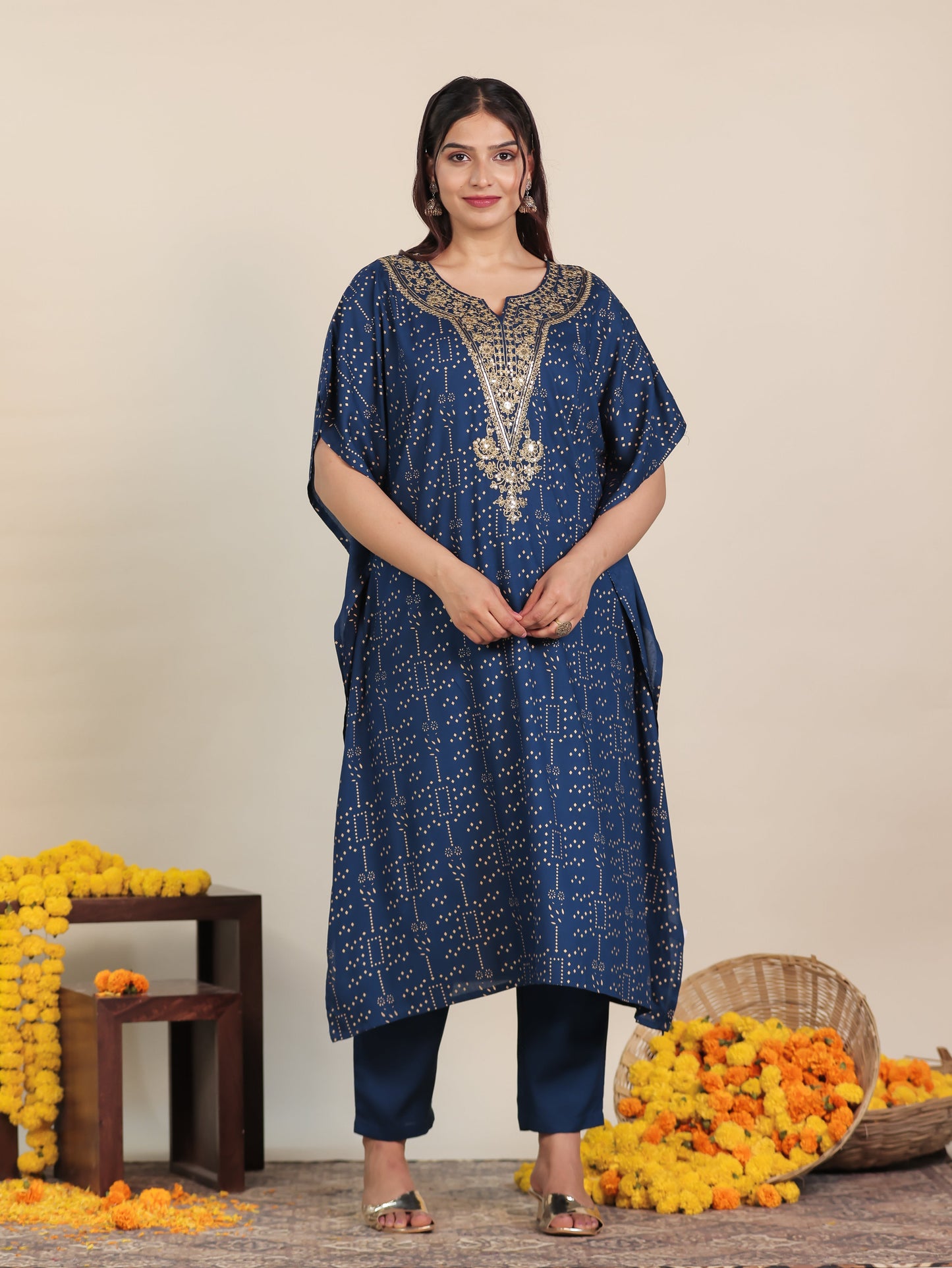 Embroidered Viscose Gold foil Kaftan Blue Kurta