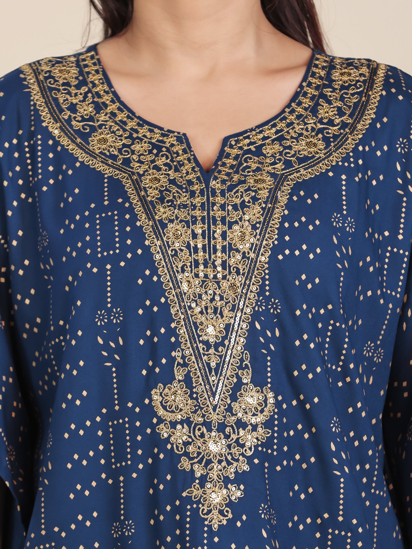 Embroidered Viscose Gold foil Kaftan Blue Kurta