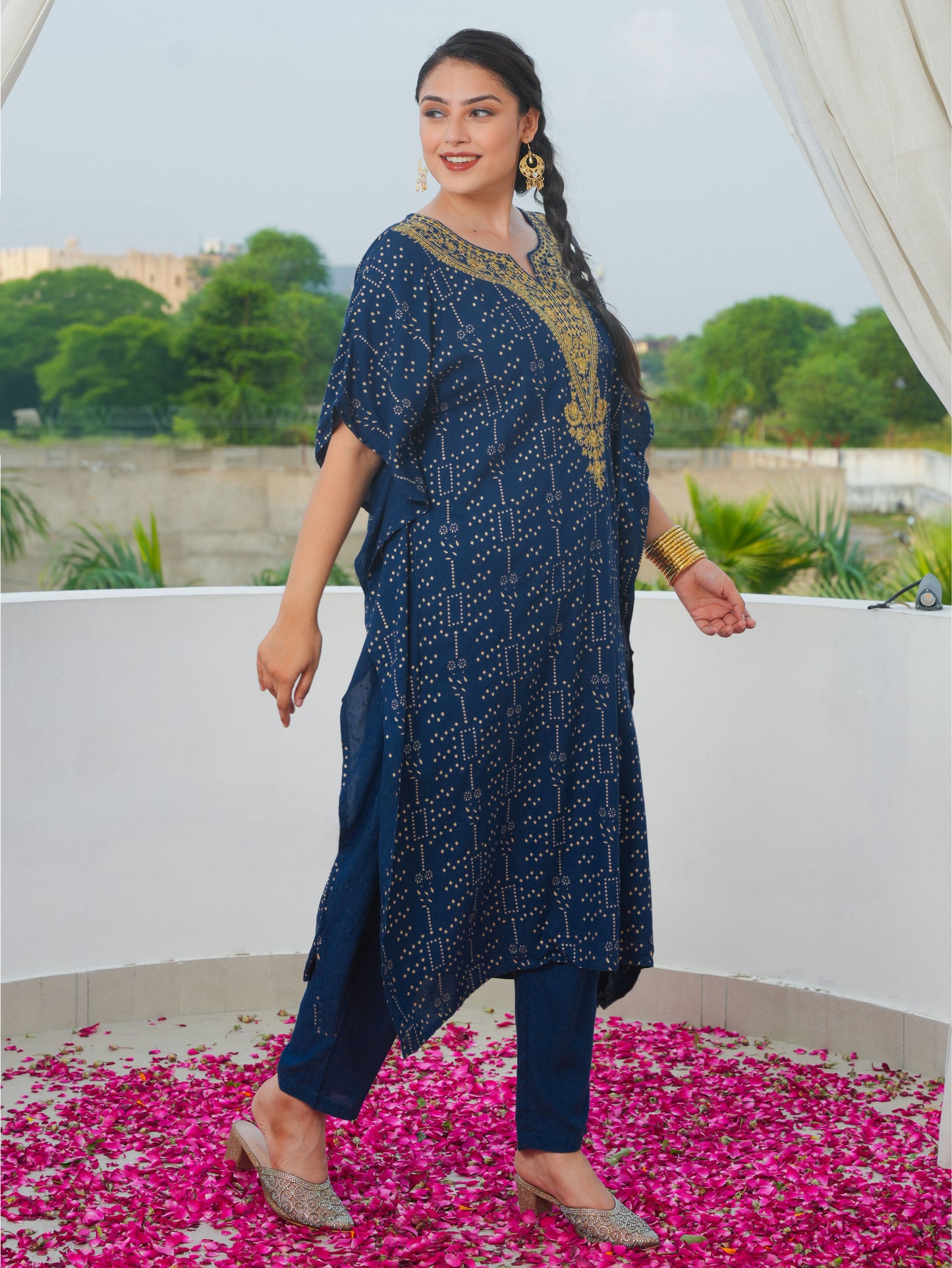 Embroidered Viscose Gold foil Kaftan Blue Kurta