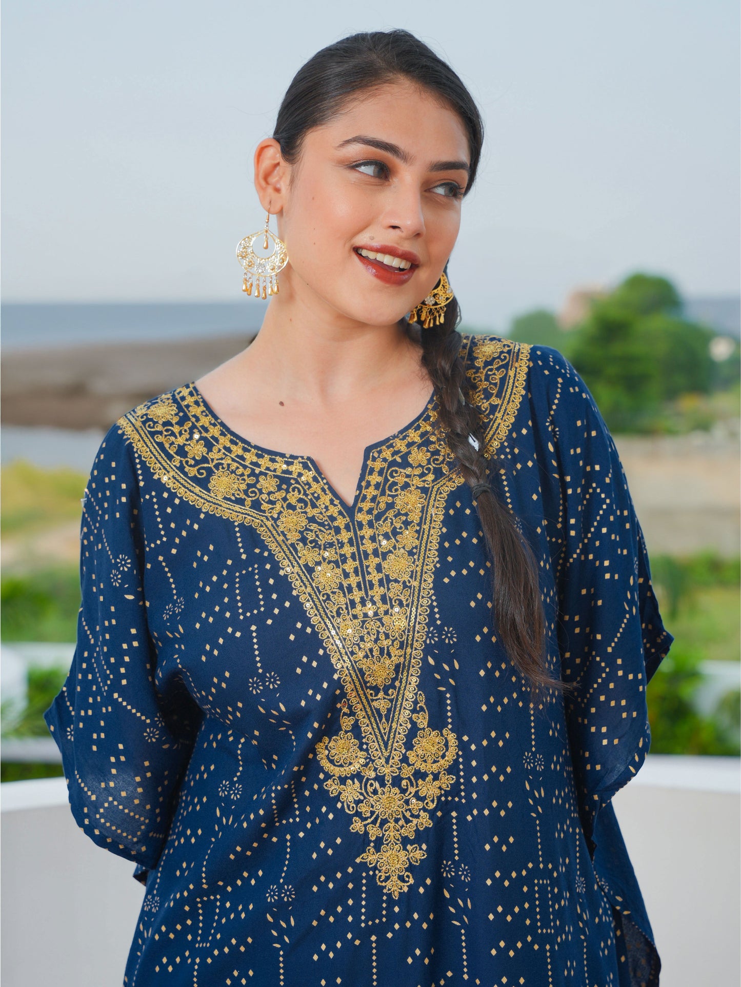 Embroidered Viscose Gold foil Kaftan Blue Kurta