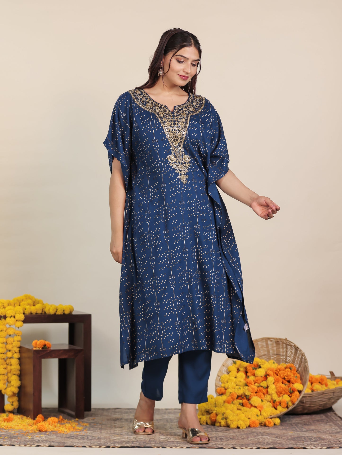 Embroidered Viscose Gold foil Kaftan Blue Kurta